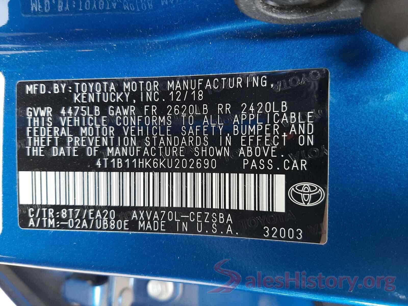 4T1B11HK6KU202690 2019 TOYOTA CAMRY