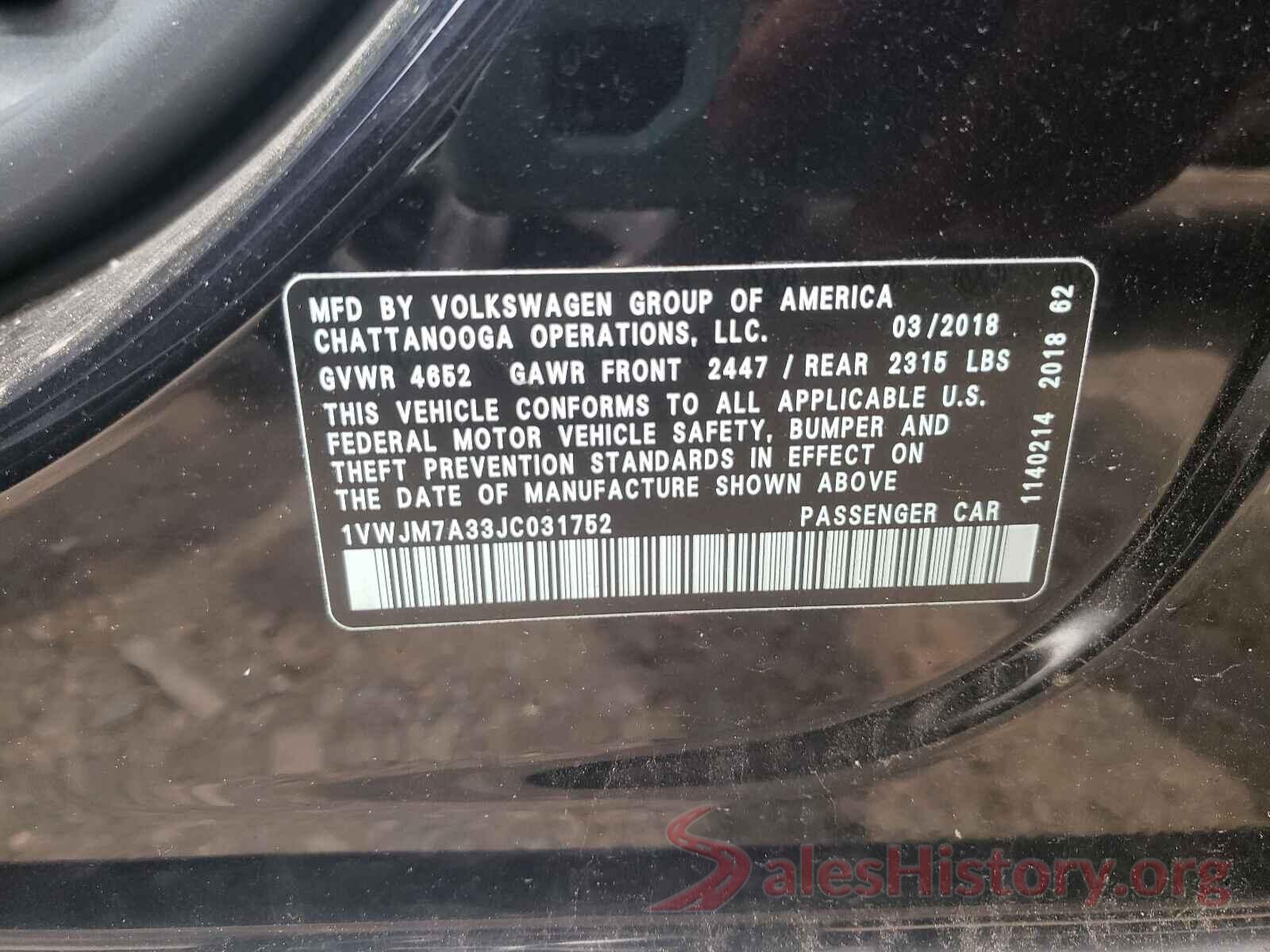 1VWJM7A33JC031752 2018 VOLKSWAGEN PASSAT