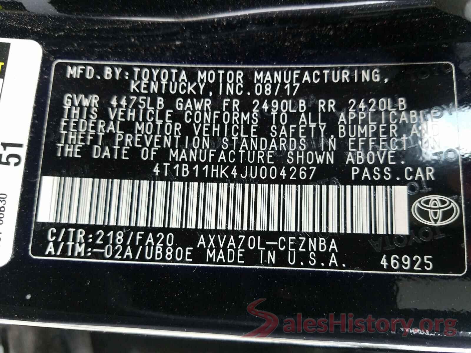 4T1B11HK4JU004267 2018 TOYOTA CAMRY