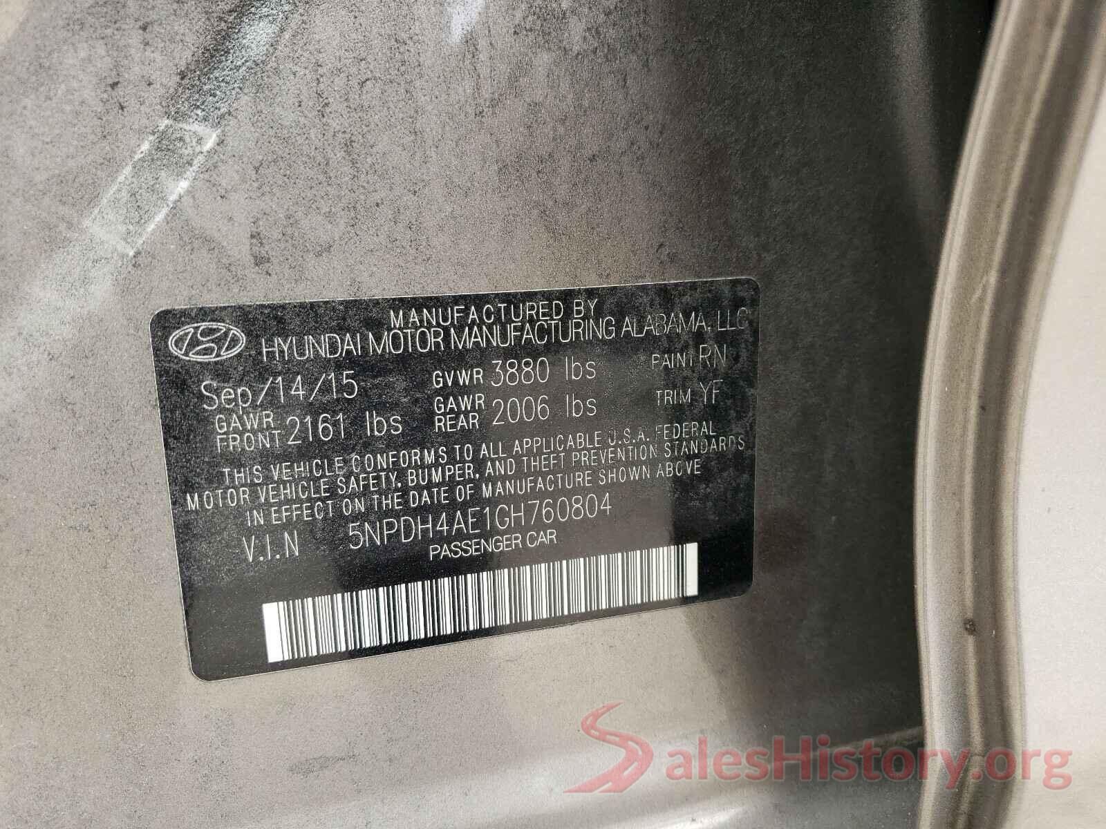 5NPDH4AE1GH760804 2016 HYUNDAI ELANTRA