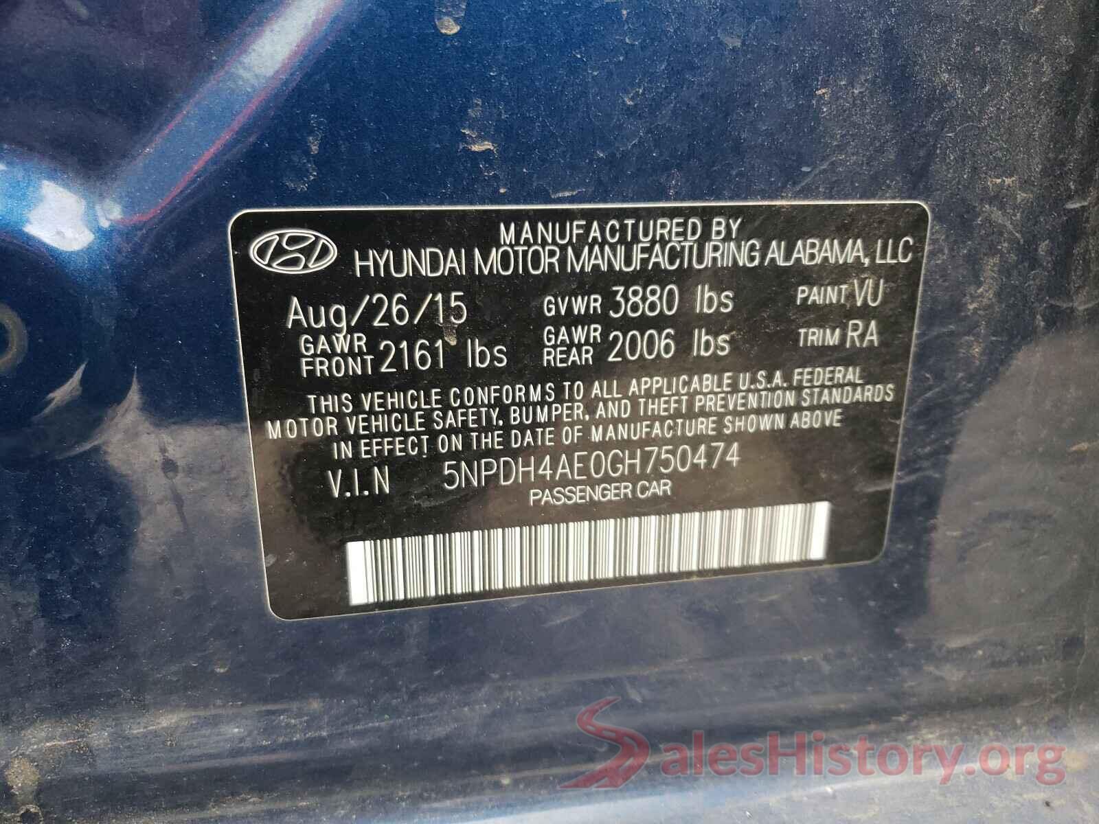 5NPDH4AE0GH750474 2016 HYUNDAI ELANTRA