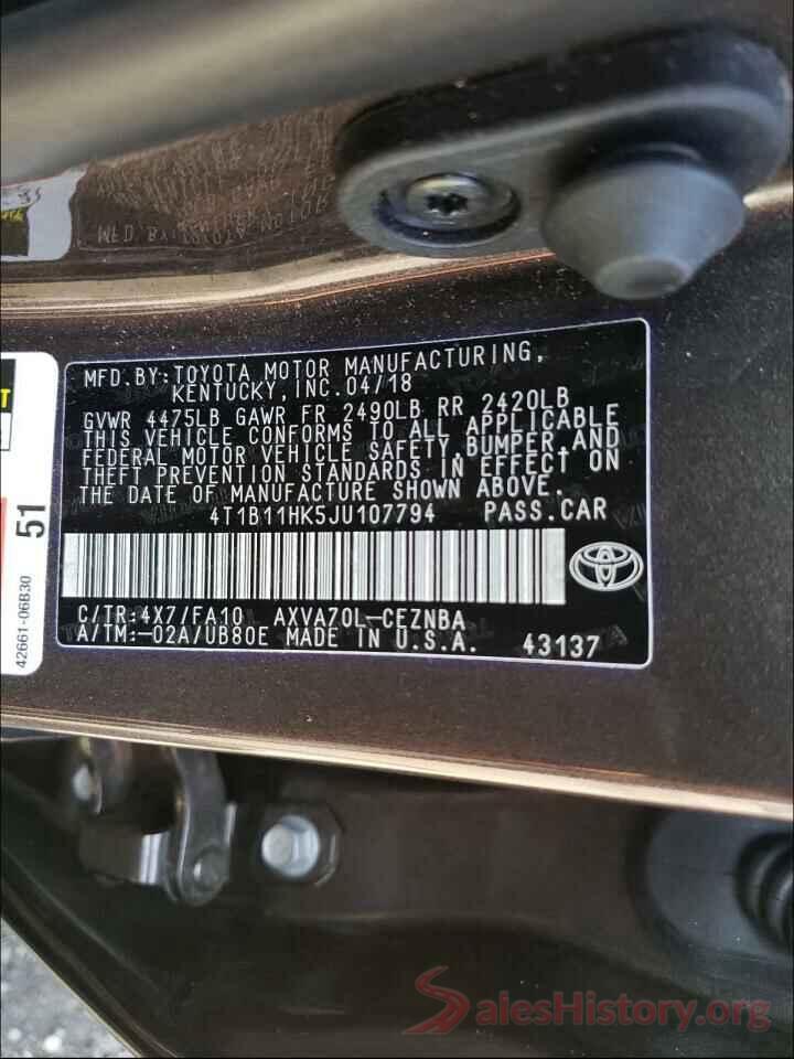 4T1B11HK5JU107794 2018 TOYOTA CAMRY