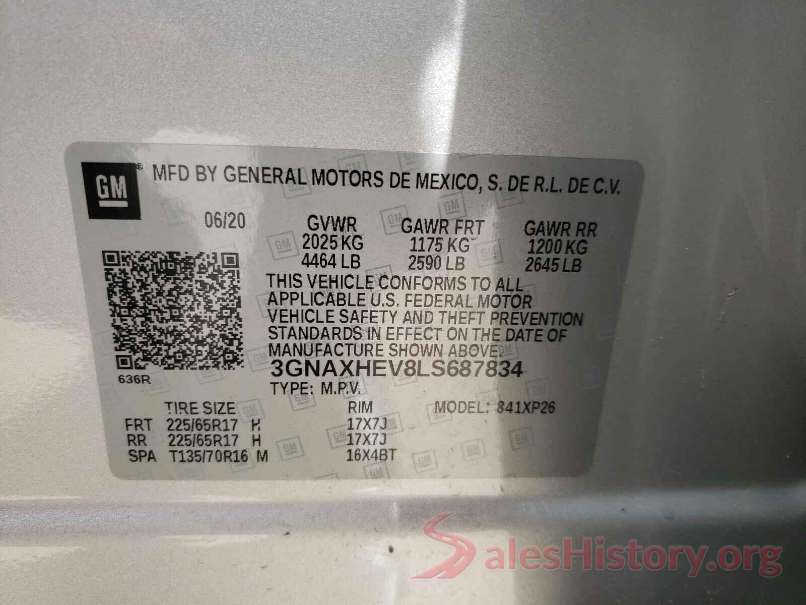 3GNAXHEV8LS687834 2020 CHEVROLET EQUINOX