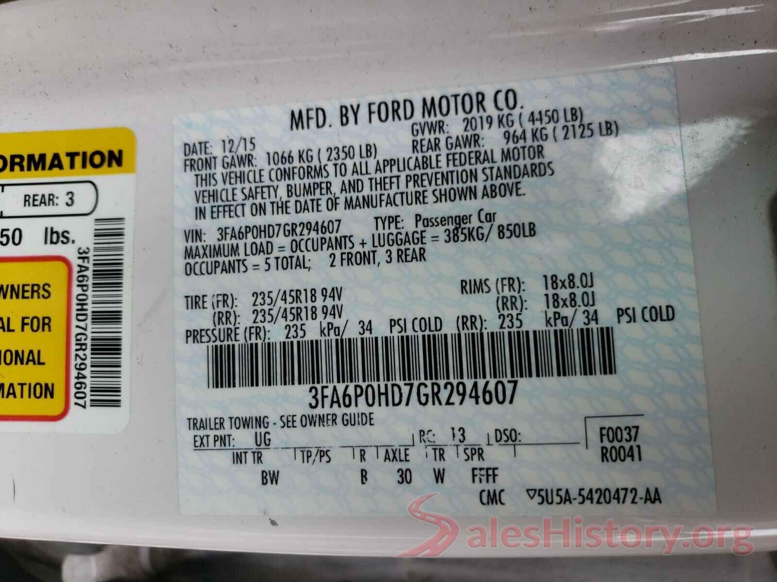 3FA6P0HD7GR294607 2016 FORD FUSION