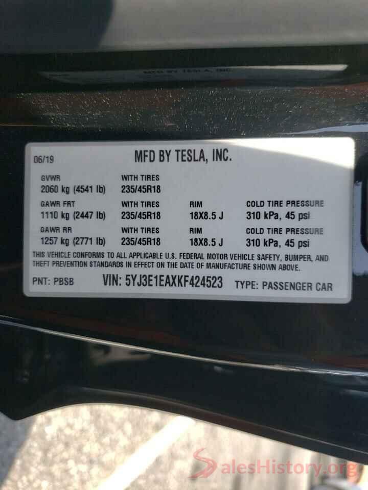 5YJ3E1EAXKF424523 2019 TESLA MODEL 3