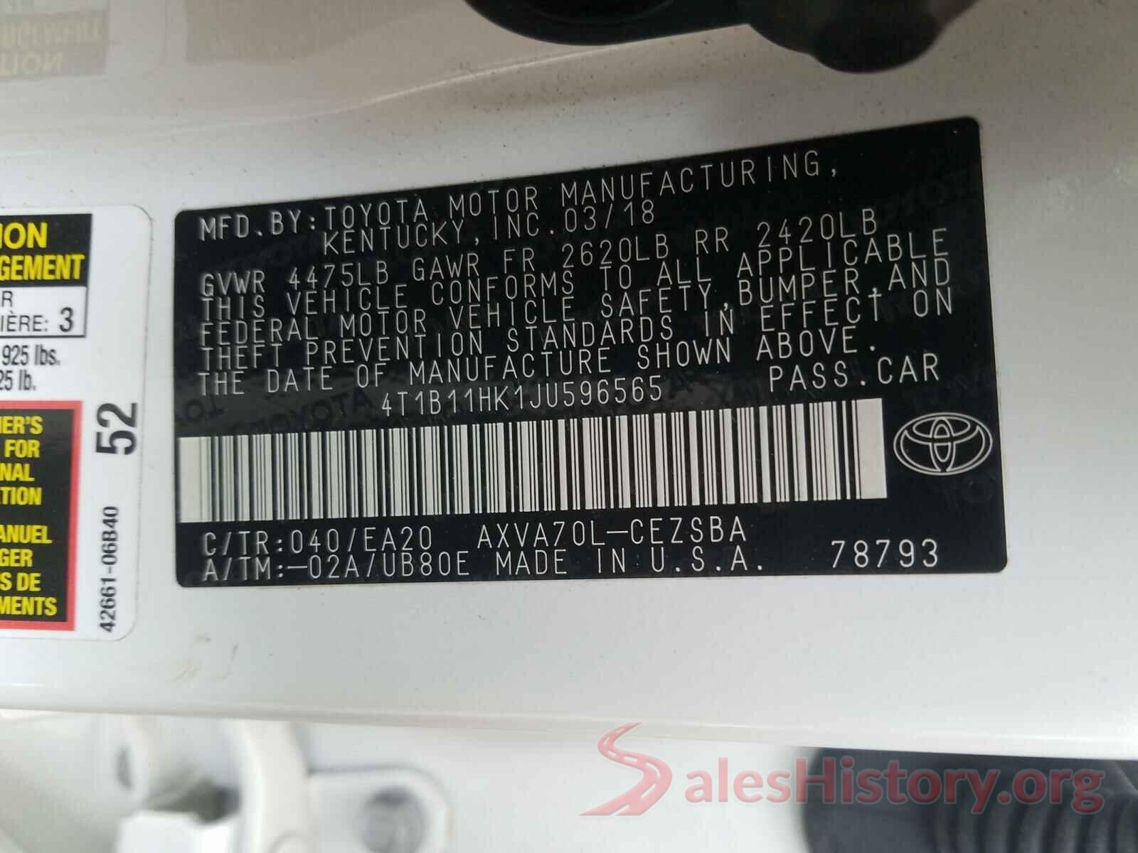 4T1B11HK1JU596565 2018 TOYOTA CAMRY