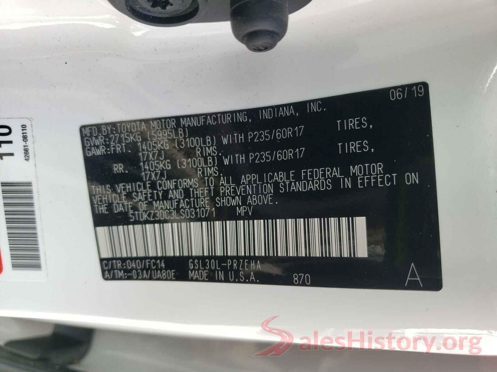 5TDKZ3DC3LS031071 2020 TOYOTA SIENNA