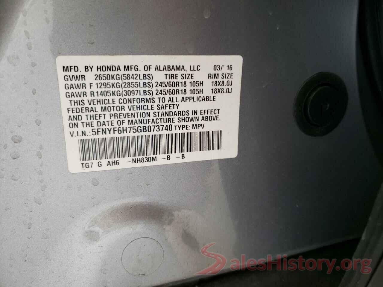 5FNYF6H75GB073740 2016 HONDA PILOT