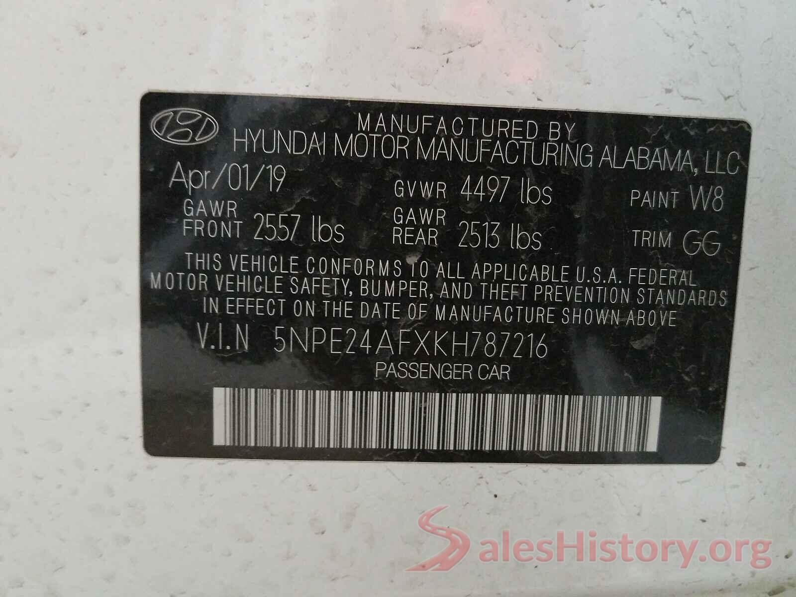 5NPE24AFXKH787216 2019 HYUNDAI SONATA