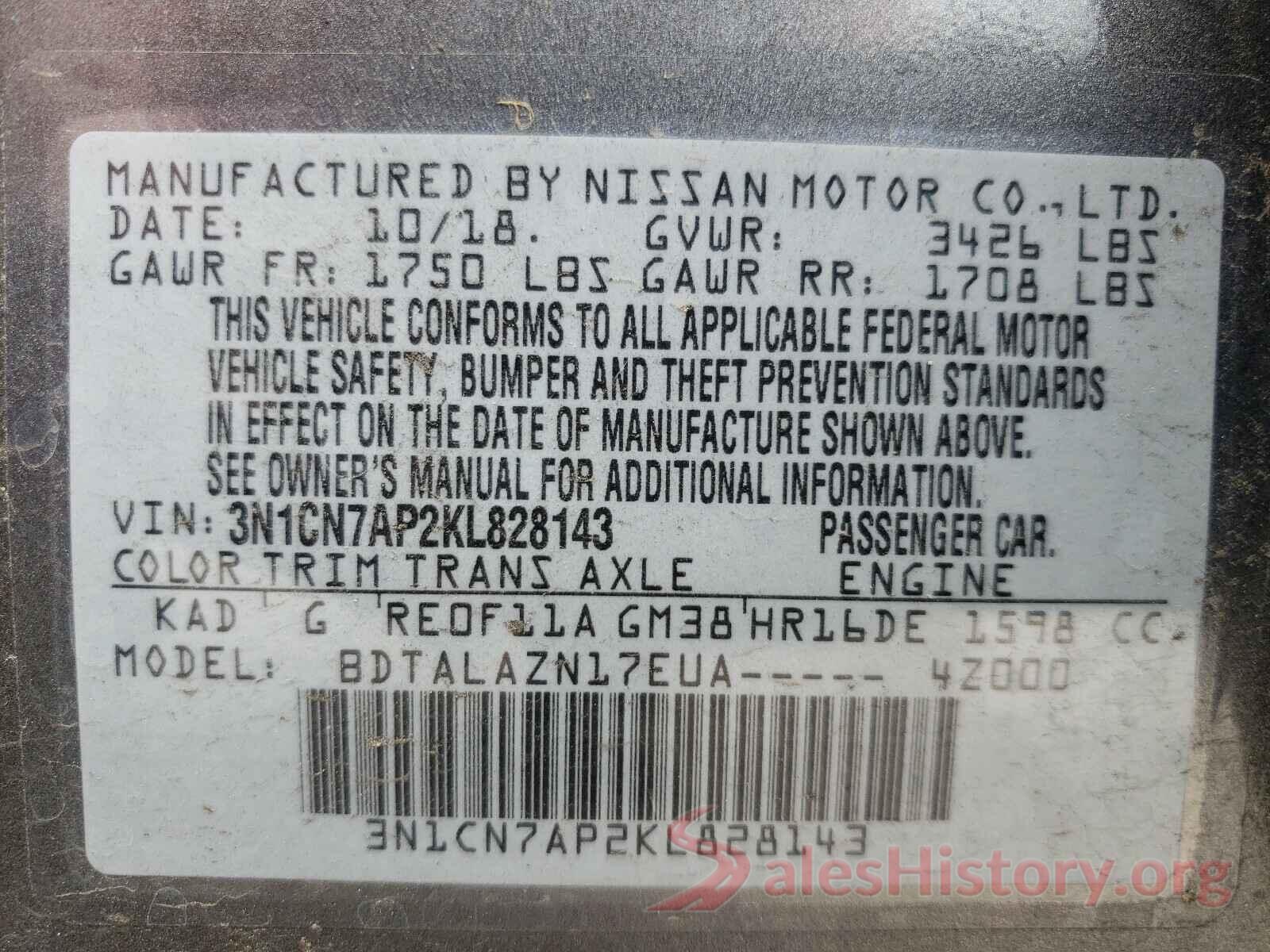 3N1CN7AP2KL828143 2019 NISSAN VERSA