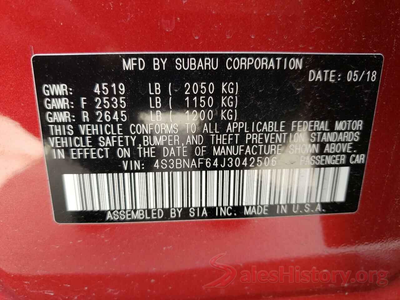 4S3BNAF64J3042506 2018 SUBARU LEGACY