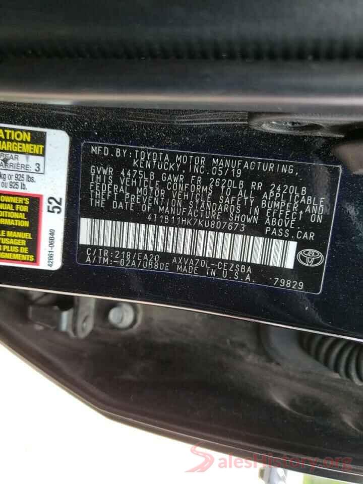 4T1B11HK7KU807673 2019 TOYOTA CAMRY