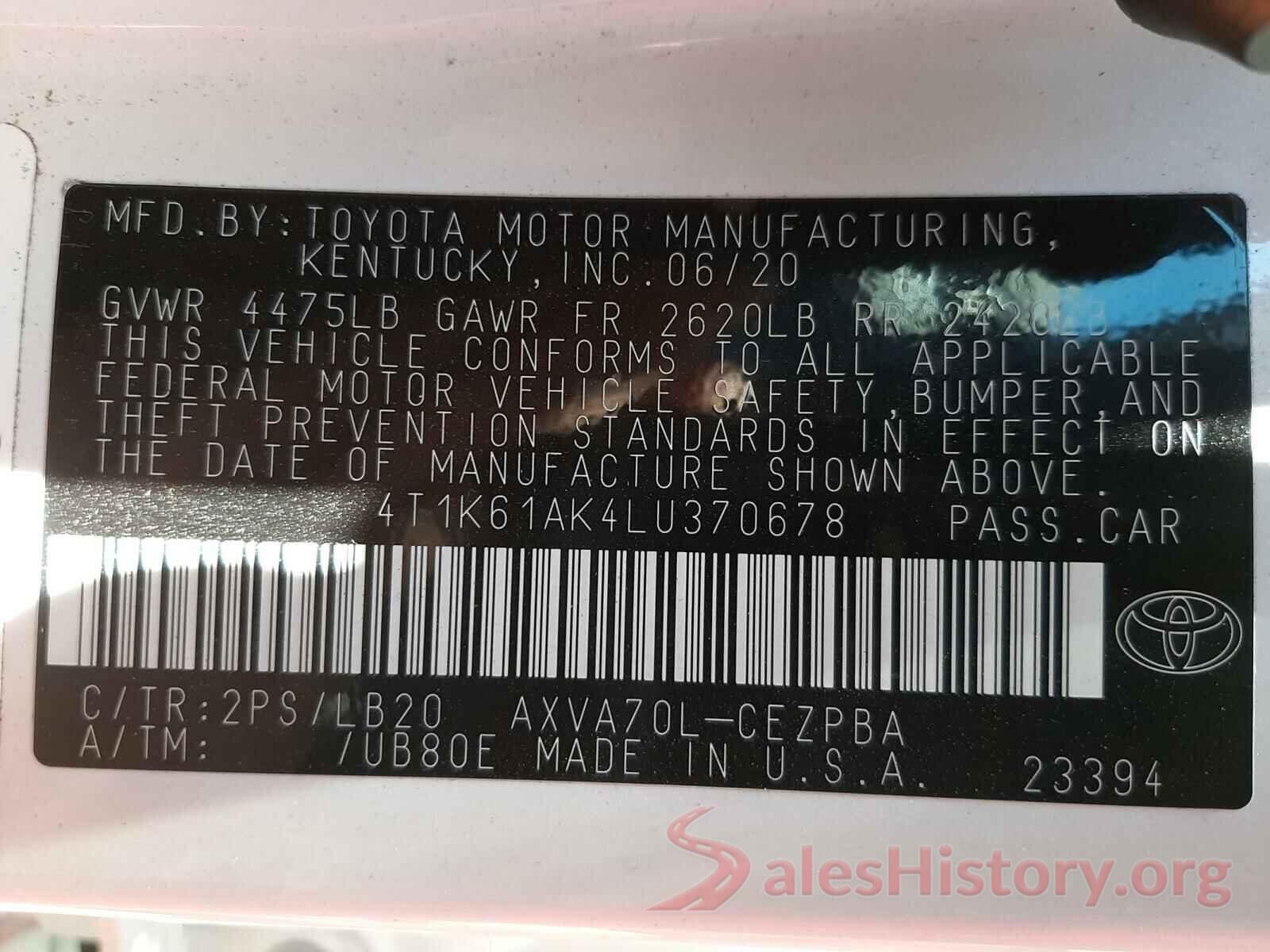 4T1K61AK4LU370678 2020 TOYOTA CAMRY