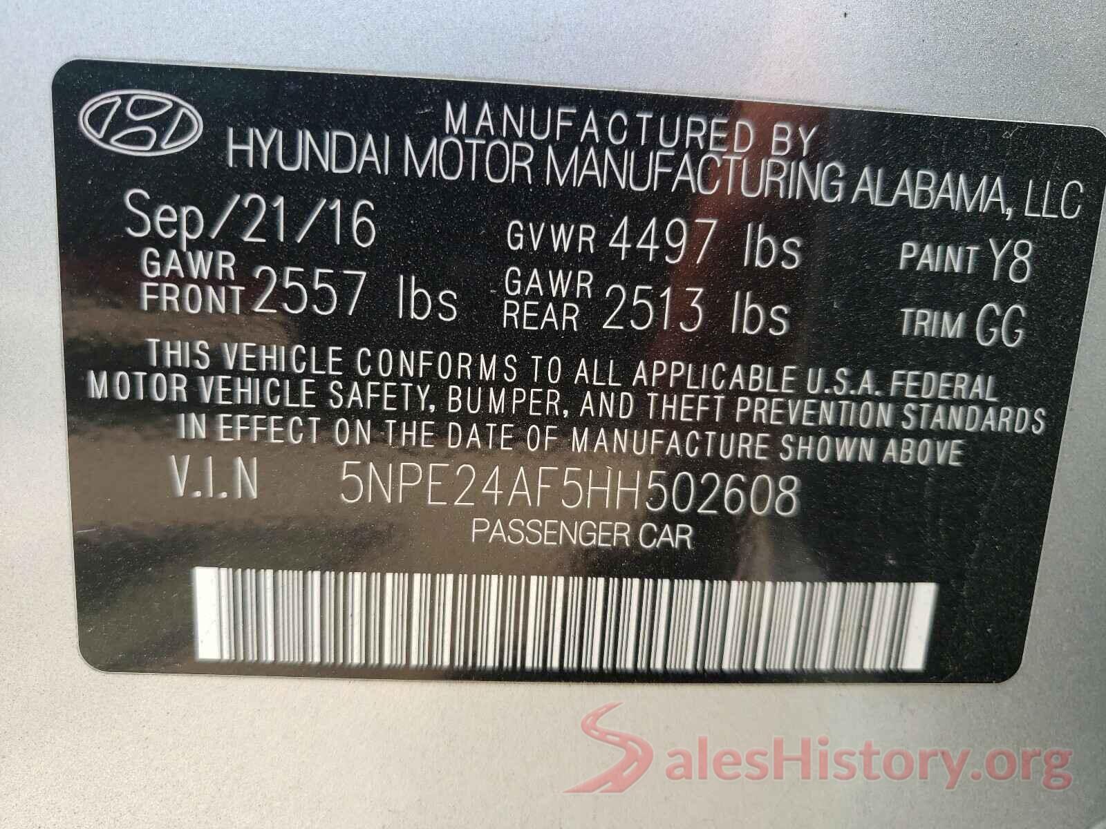 5NPE24AF5HH502608 2017 HYUNDAI SONATA