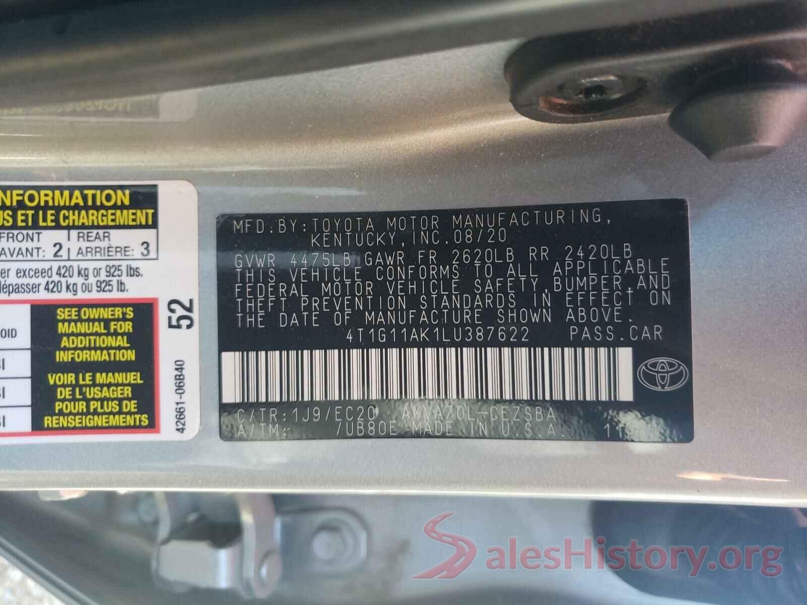 4T1G11AK1LU387622 2020 TOYOTA CAMRY