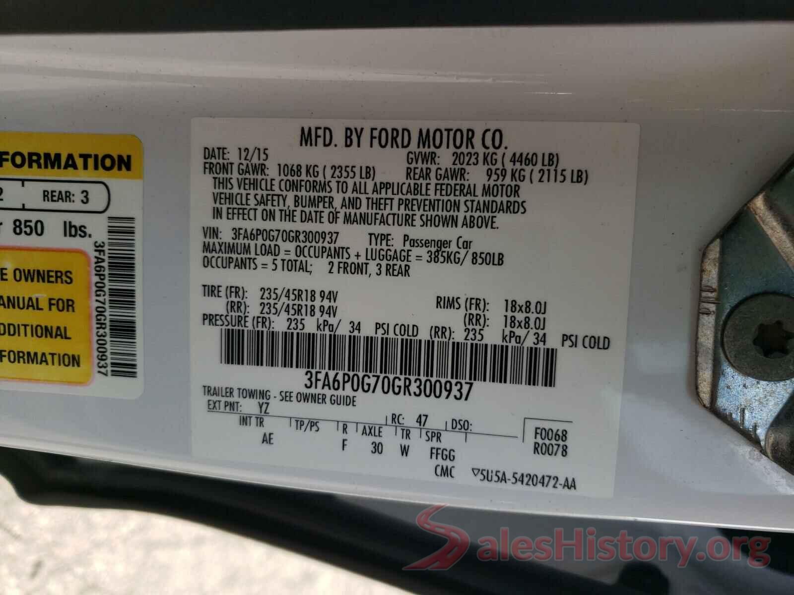 3FA6P0G70GR300937 2016 FORD FUSION