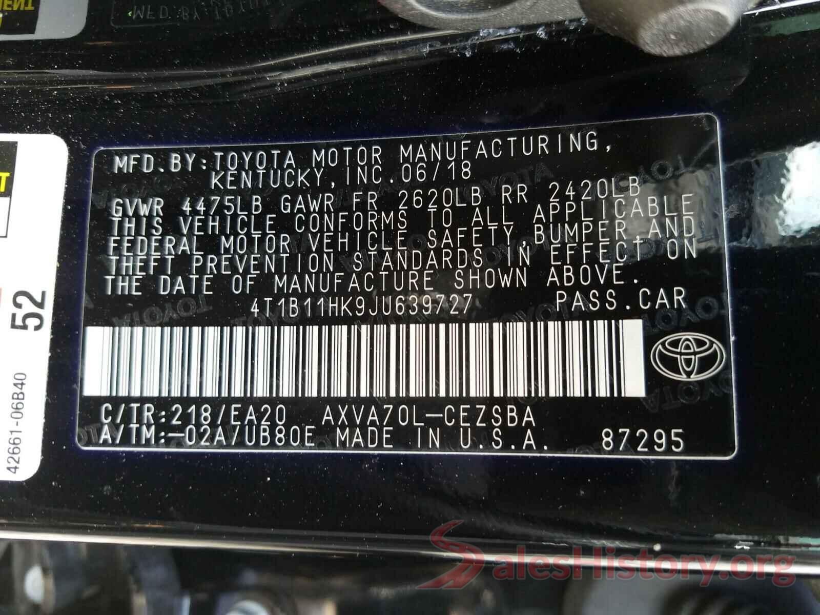 4T1B11HK9JU639727 2018 TOYOTA CAMRY