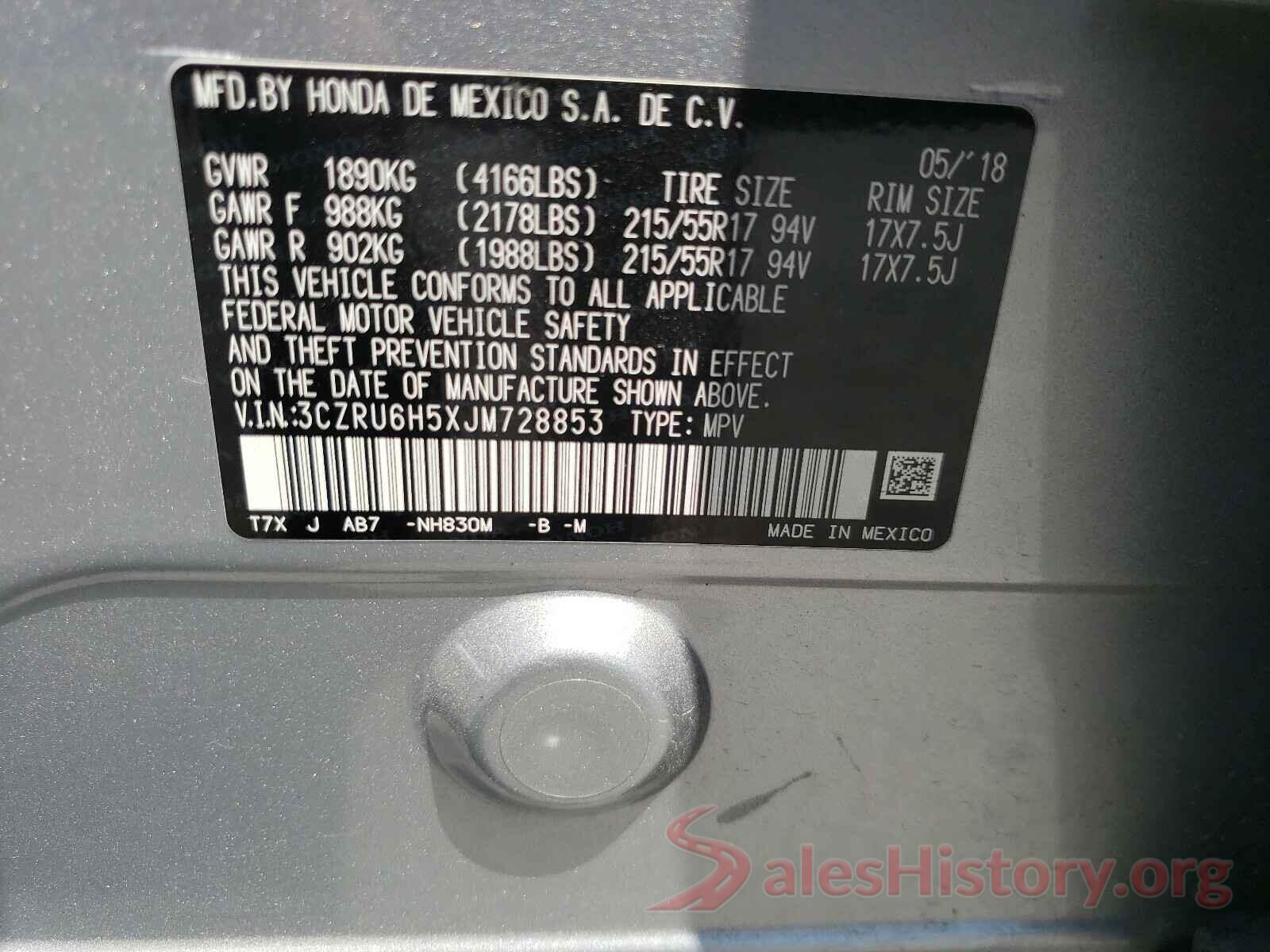 3CZRU6H5XJM728853 2018 HONDA HR-V