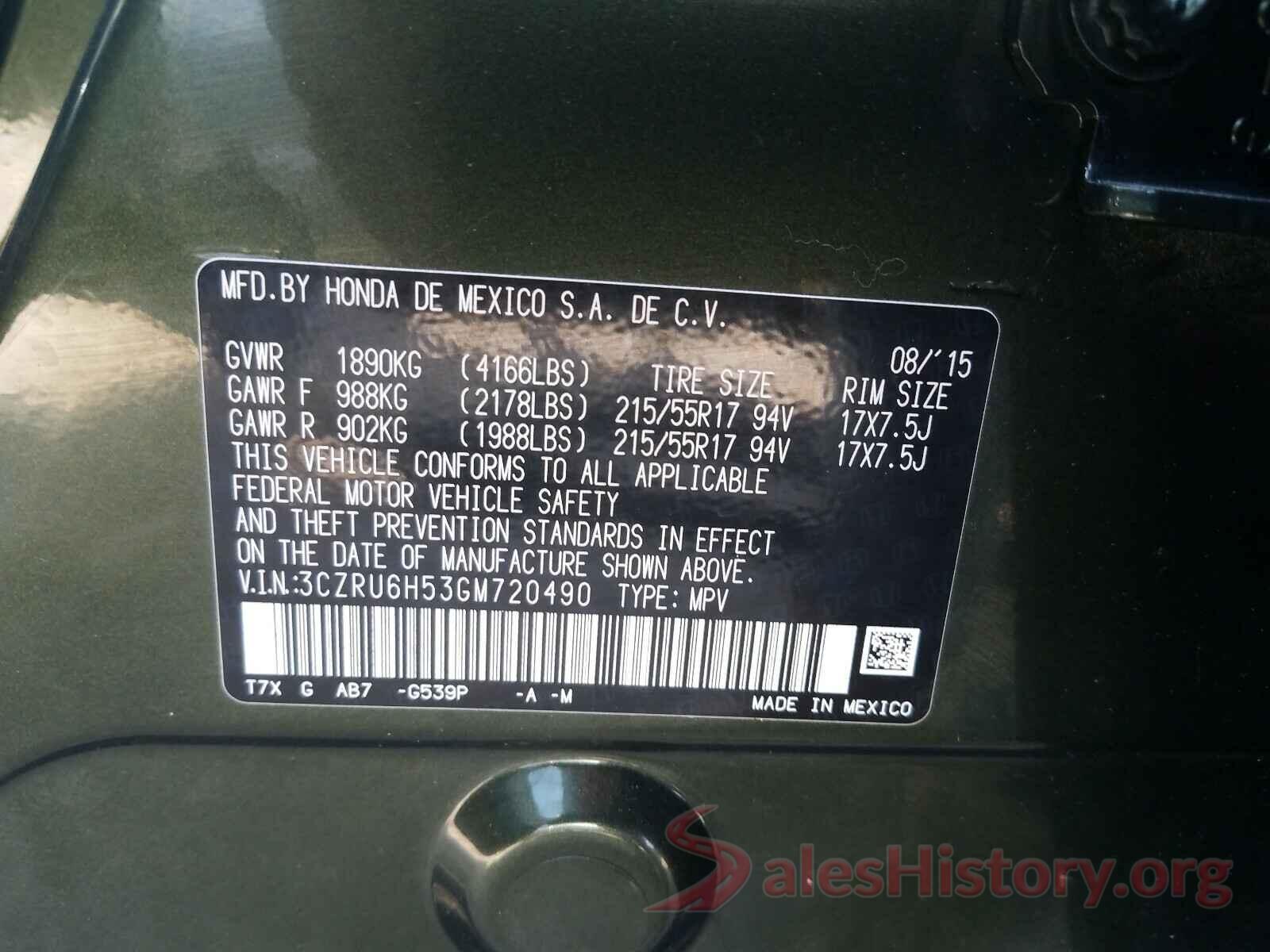 3CZRU6H53GM720490 2016 HONDA HR-V