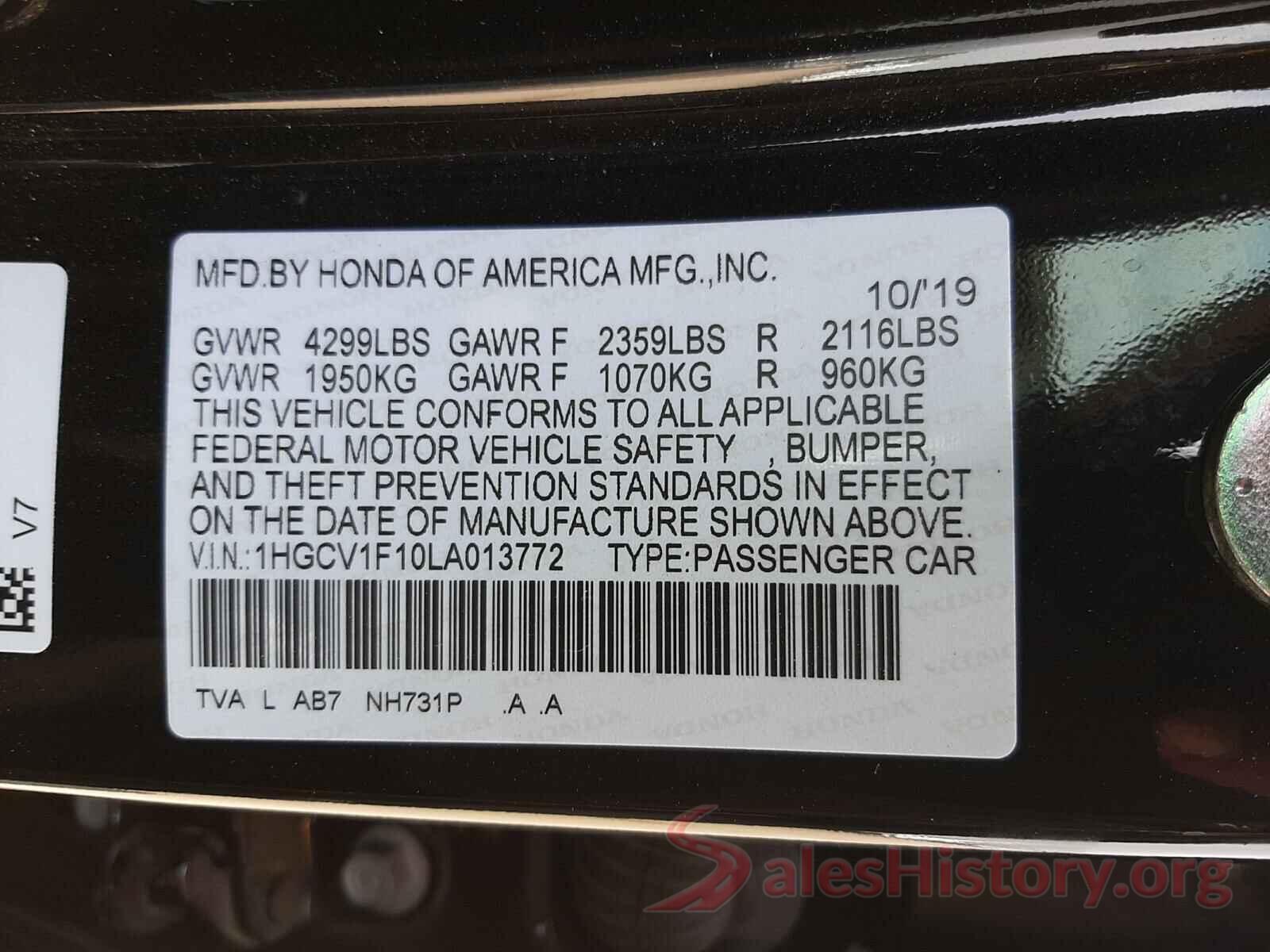 1HGCV1F10LA013772 2020 HONDA ACCORD