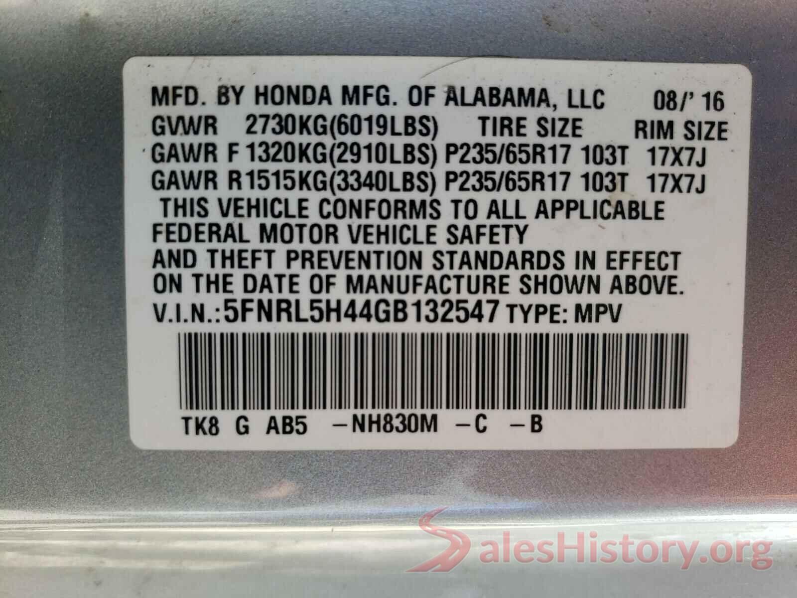 5FNRL5H44GB132547 2016 HONDA ODYSSEY