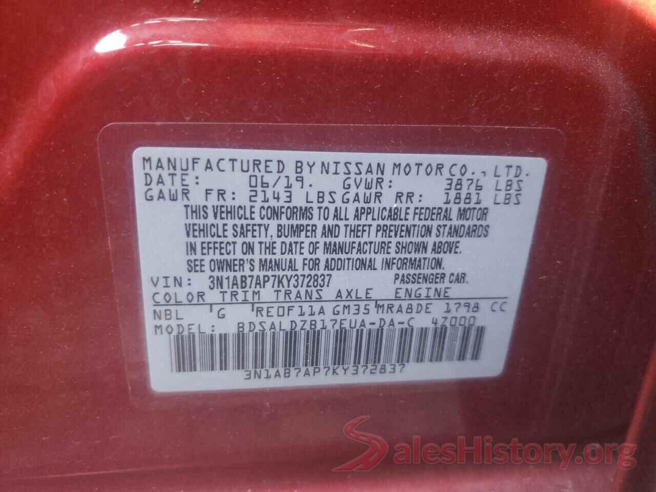 3N1AB7AP7KY372837 2019 NISSAN SENTRA