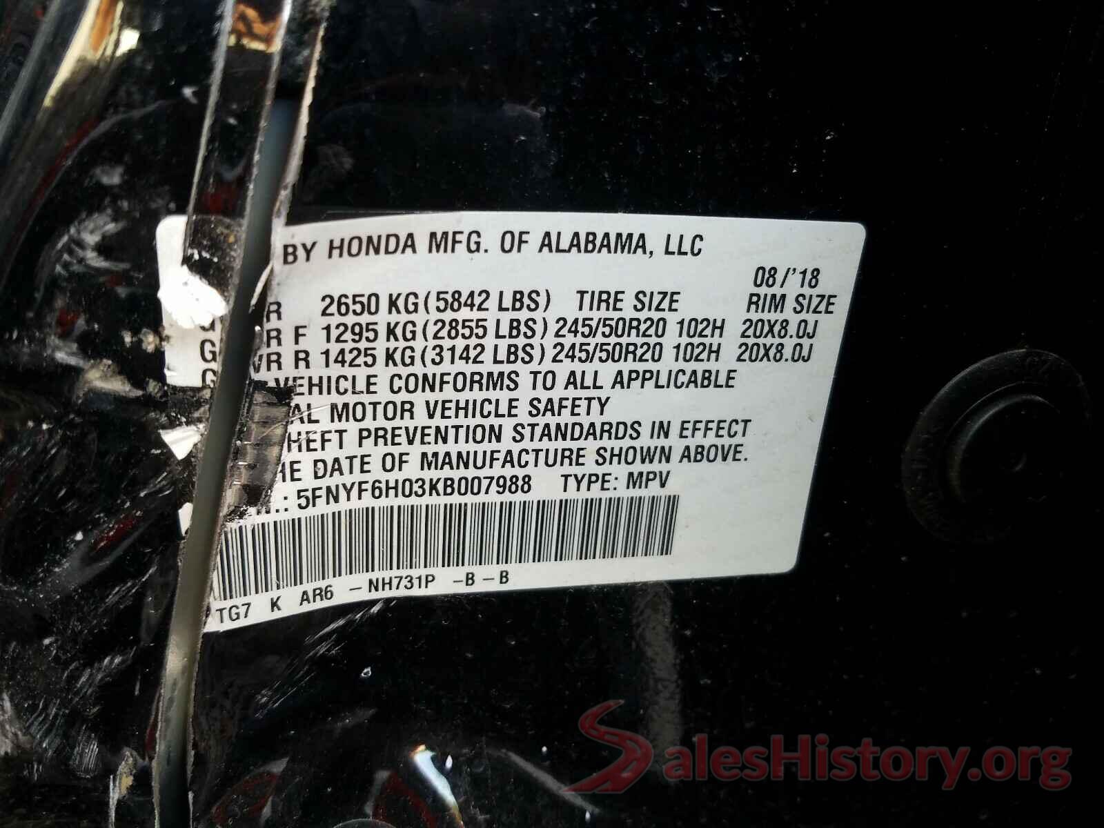 5FNYF6H03KB007988 2019 HONDA PILOT