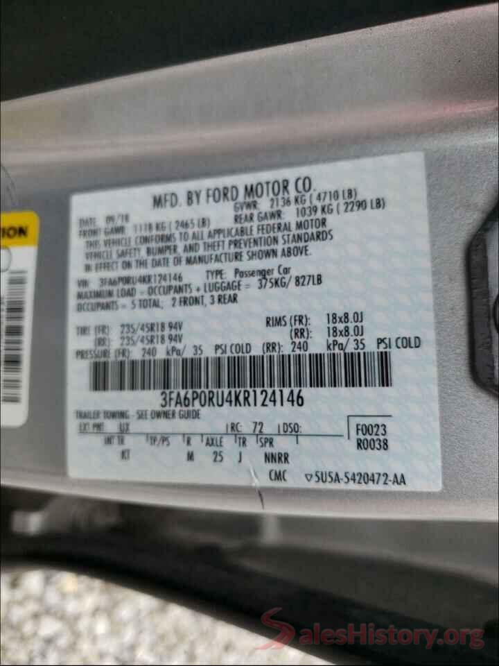 3FA6P0RU4KR124146 2019 FORD FUSION