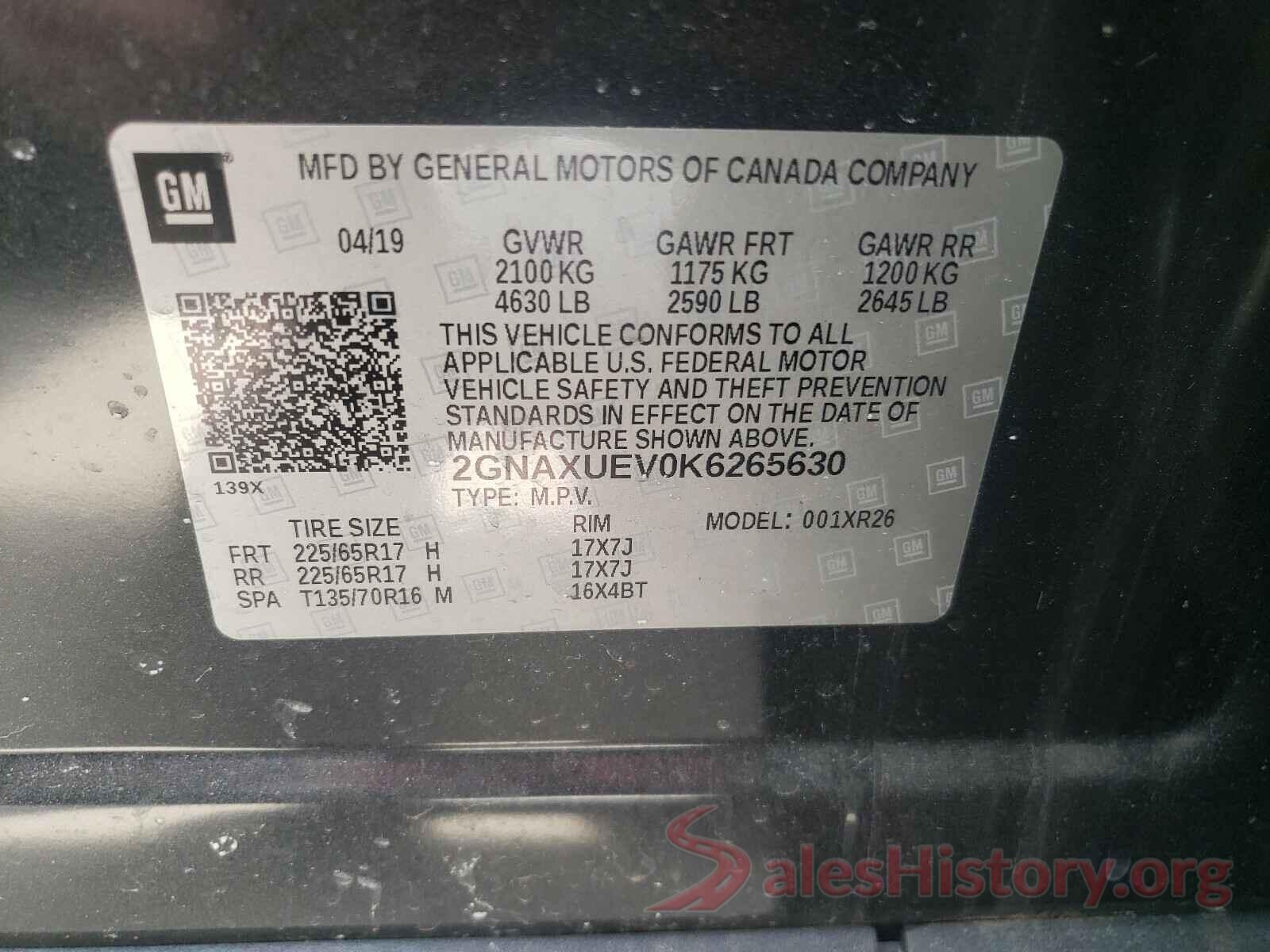 2GNAXUEV0K6265630 2019 CHEVROLET EQUINOX