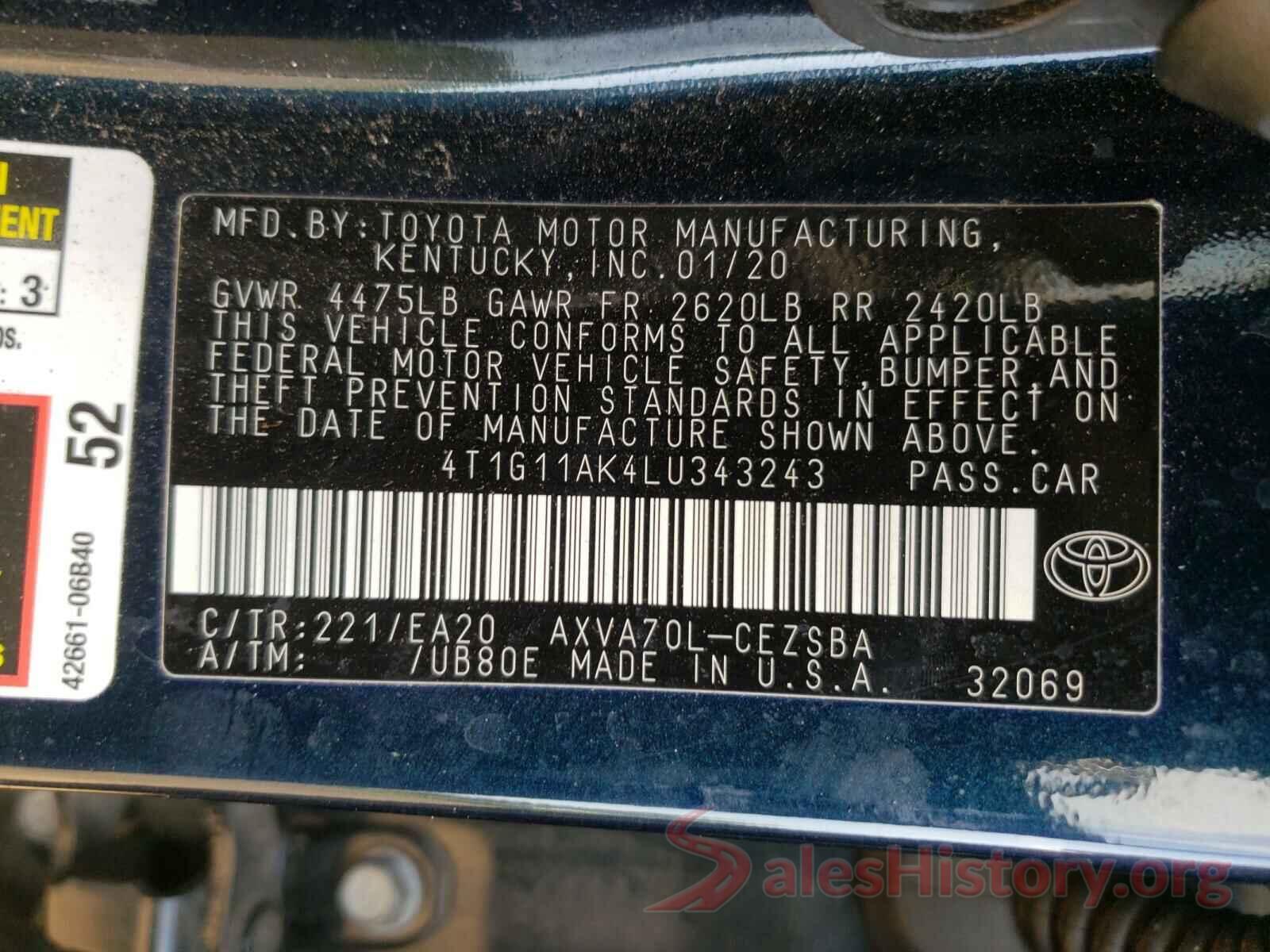 4T1G11AK4LU343243 2020 TOYOTA CAMRY