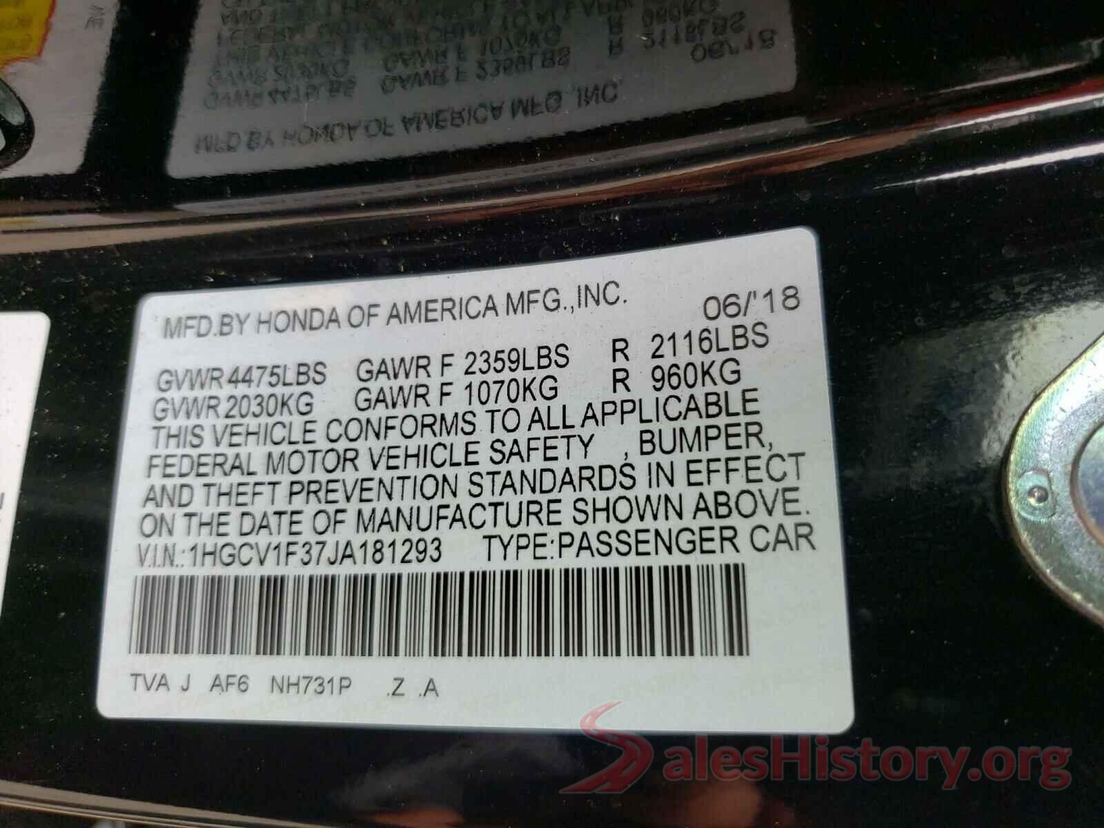 1HGCV1F37JA181293 2018 HONDA ACCORD