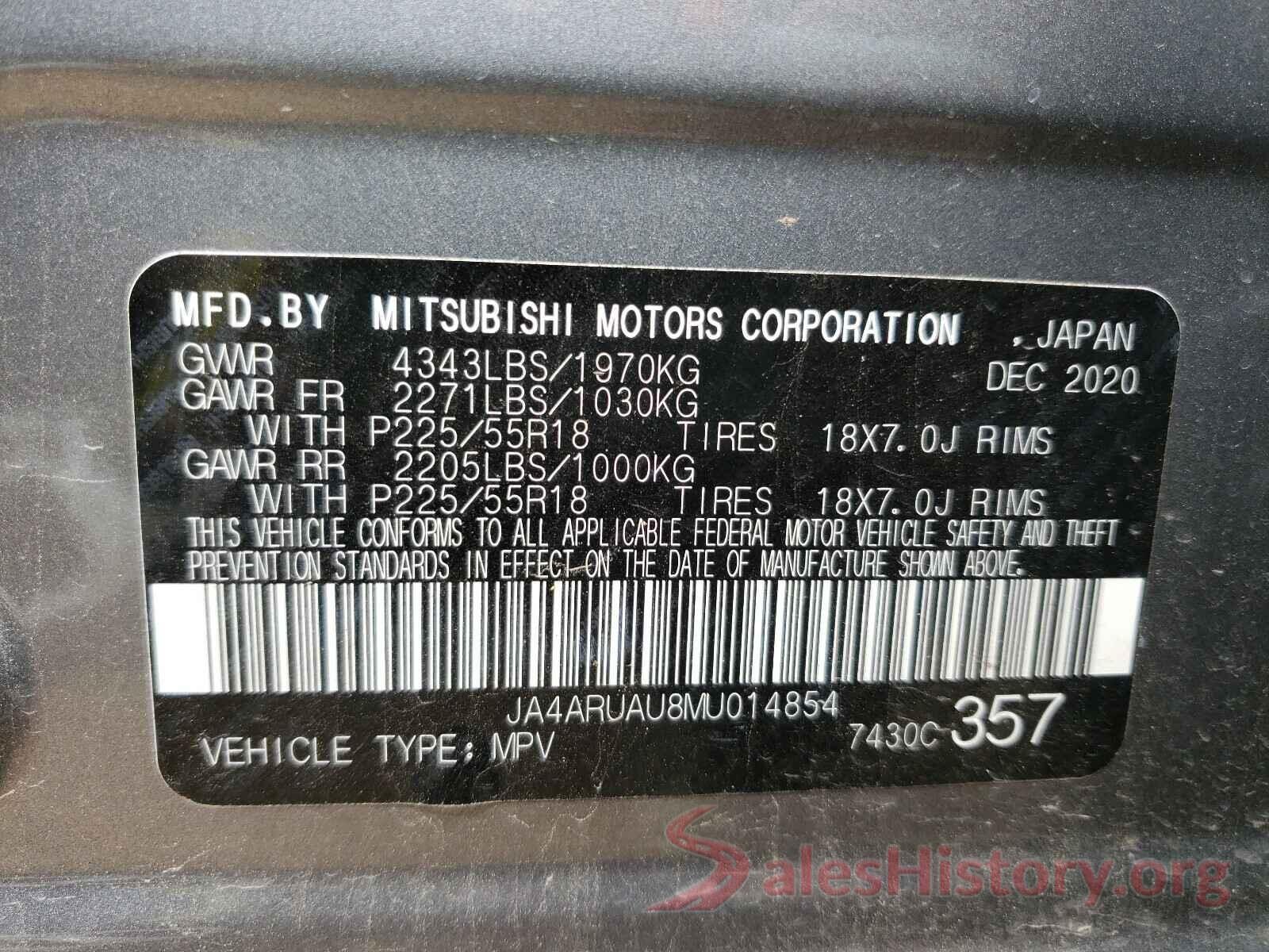 JA4ARUAU8MU014854 2021 MITSUBISHI OUTLANDER