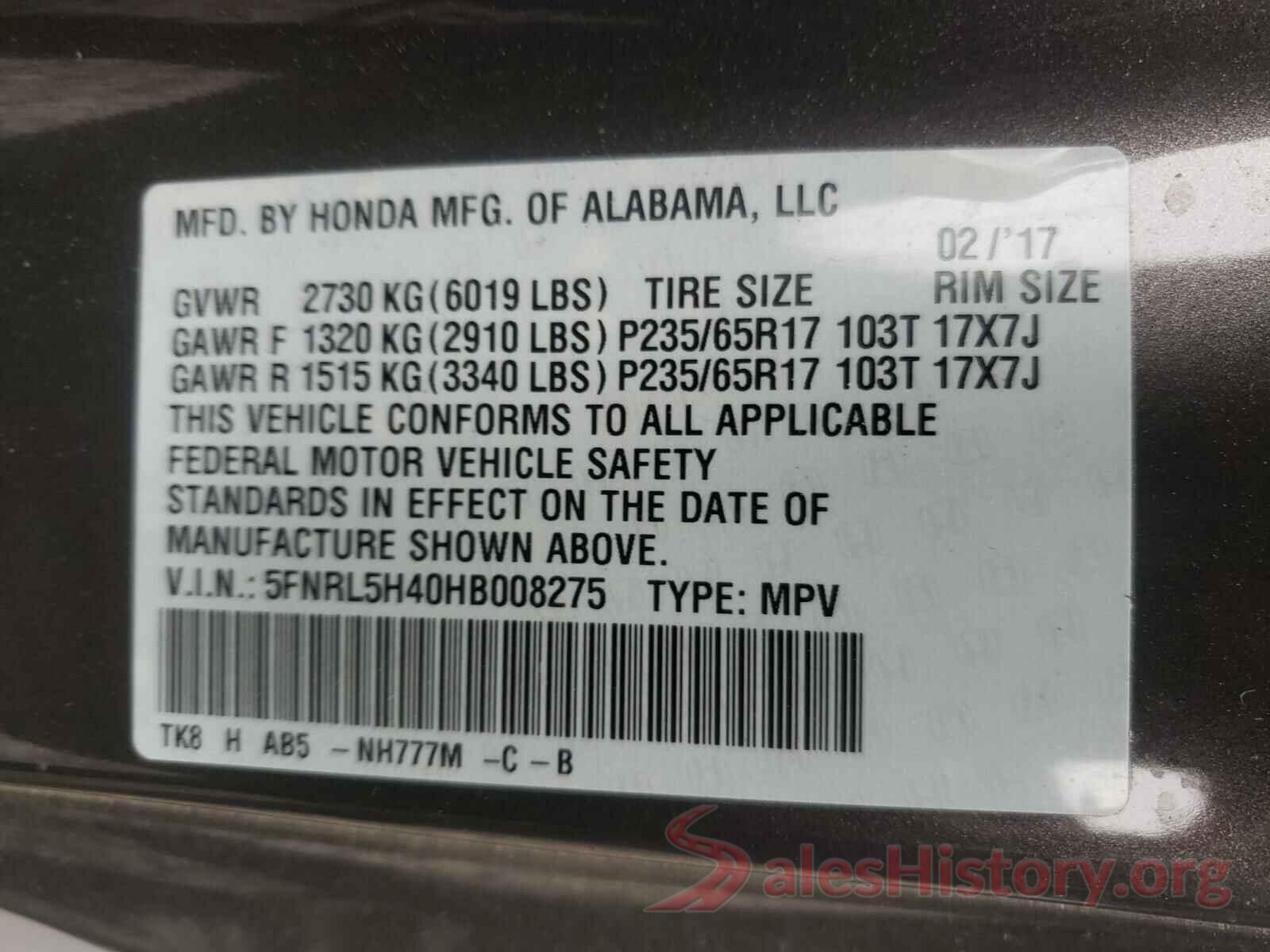 5FNRL5H40HB008275 2017 HONDA ODYSSEY