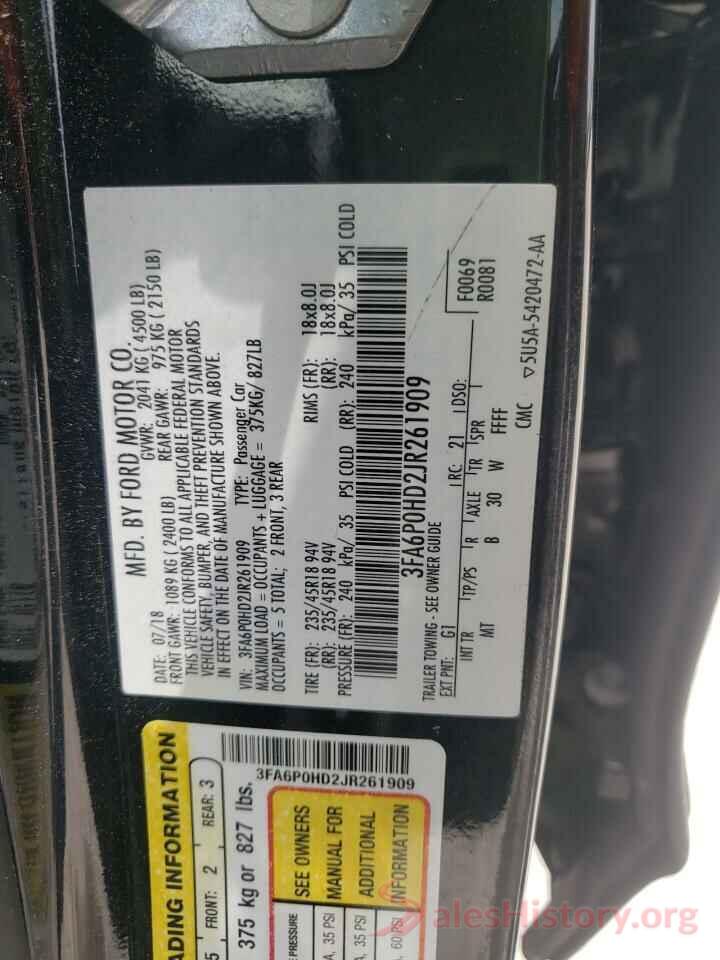 3FA6P0HD2JR261909 2018 FORD FUSION