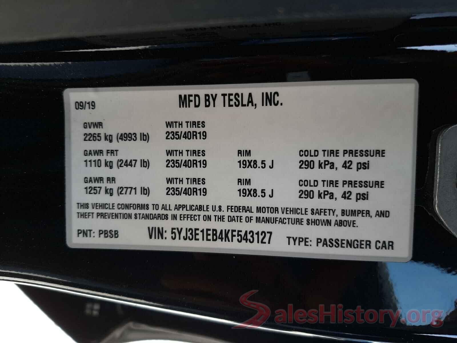 5YJ3E1EB4KF543127 2019 TESLA MODEL 3