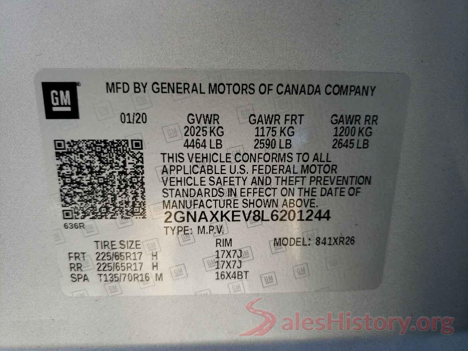 2GNAXKEV8L6201244 2020 CHEVROLET EQUINOX