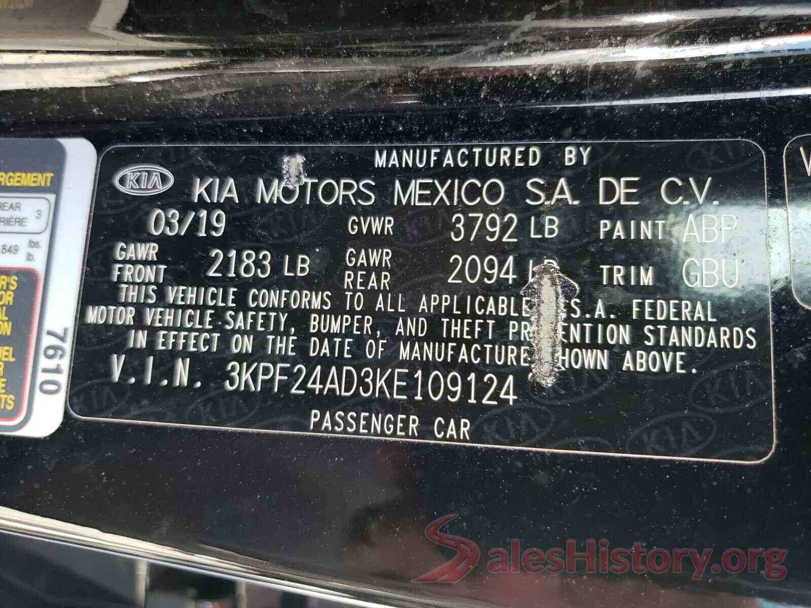 3KPF24AD3KE109124 2019 KIA FORTE