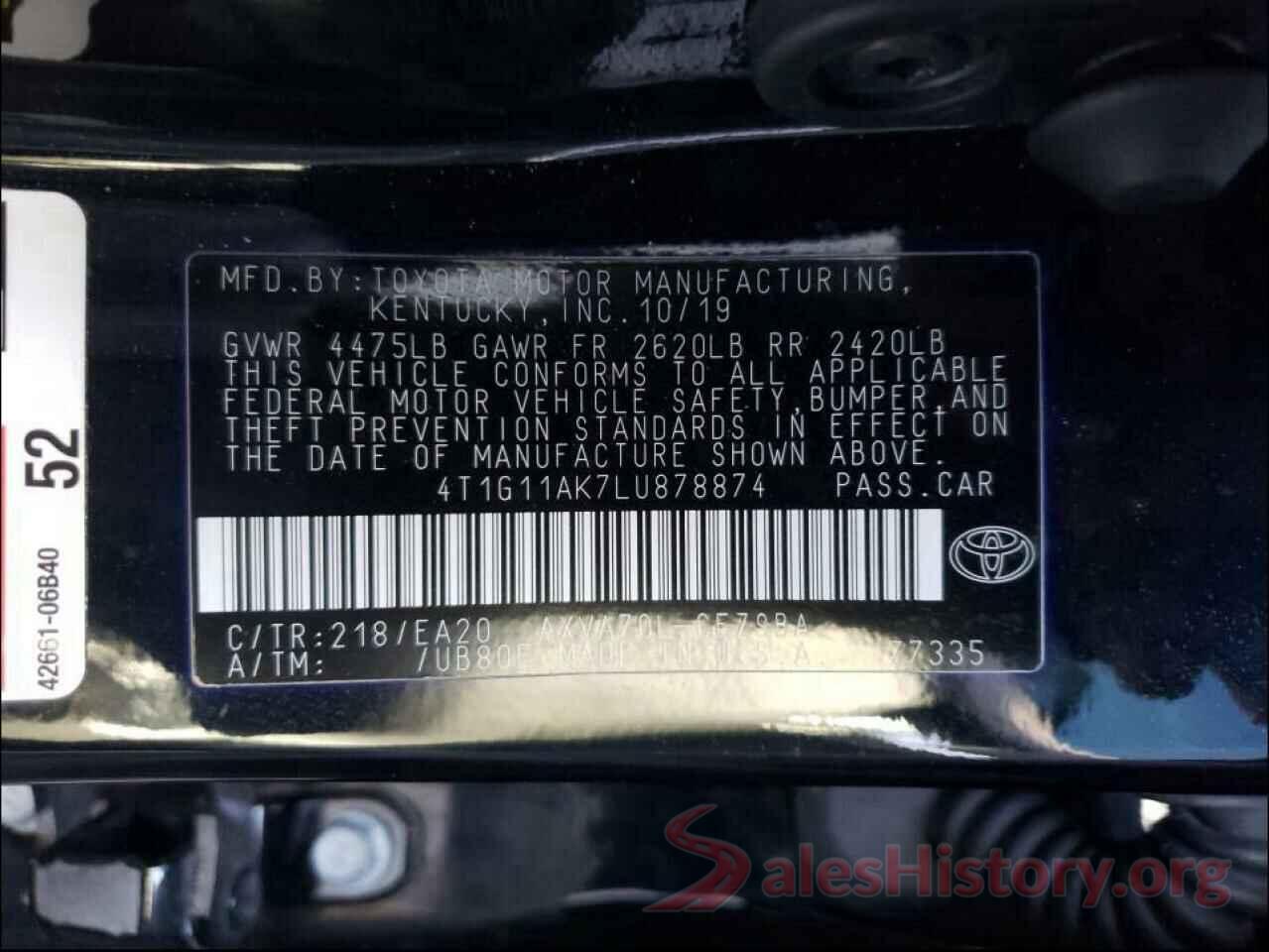 4T1G11AK7LU878874 2020 TOYOTA CAMRY