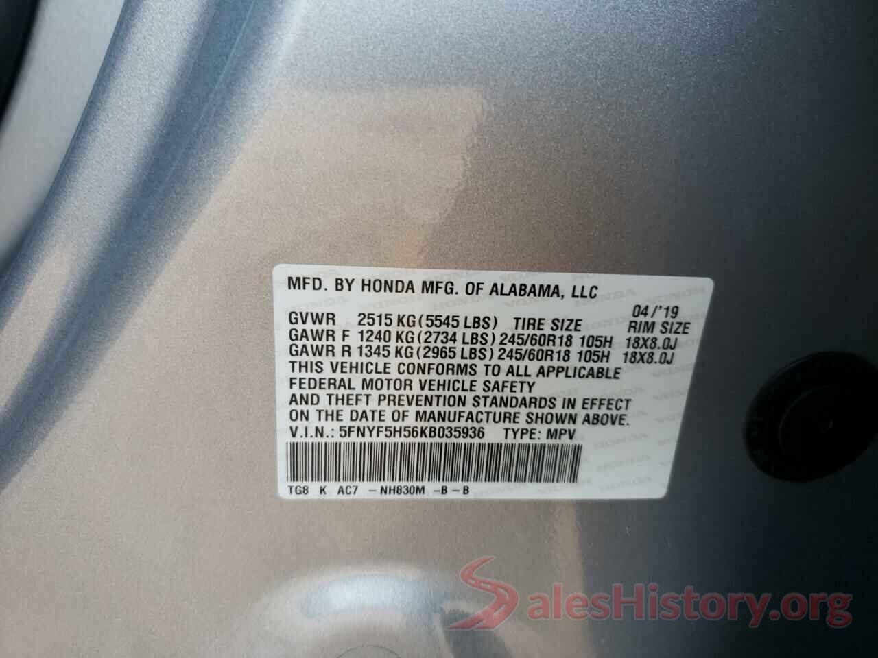 5FNYF5H56KB035936 2019 HONDA PILOT