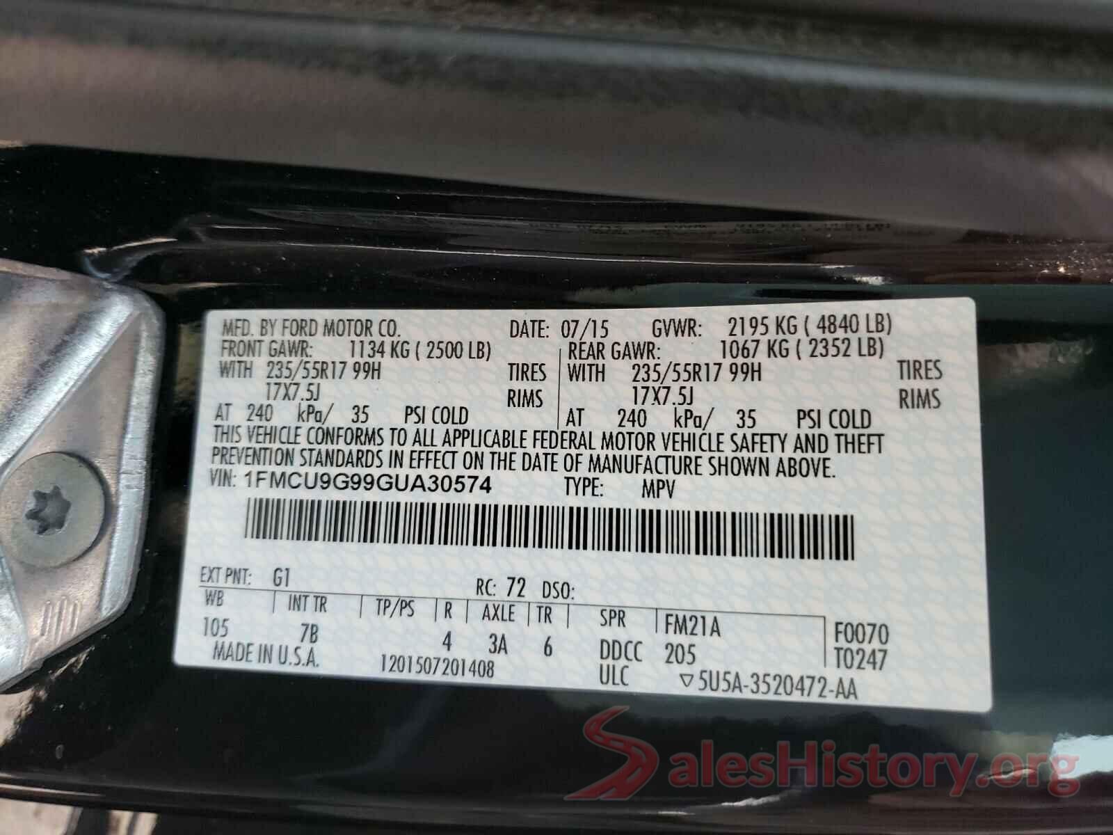 1FMCU9G99GUA30574 2016 FORD ESCAPE