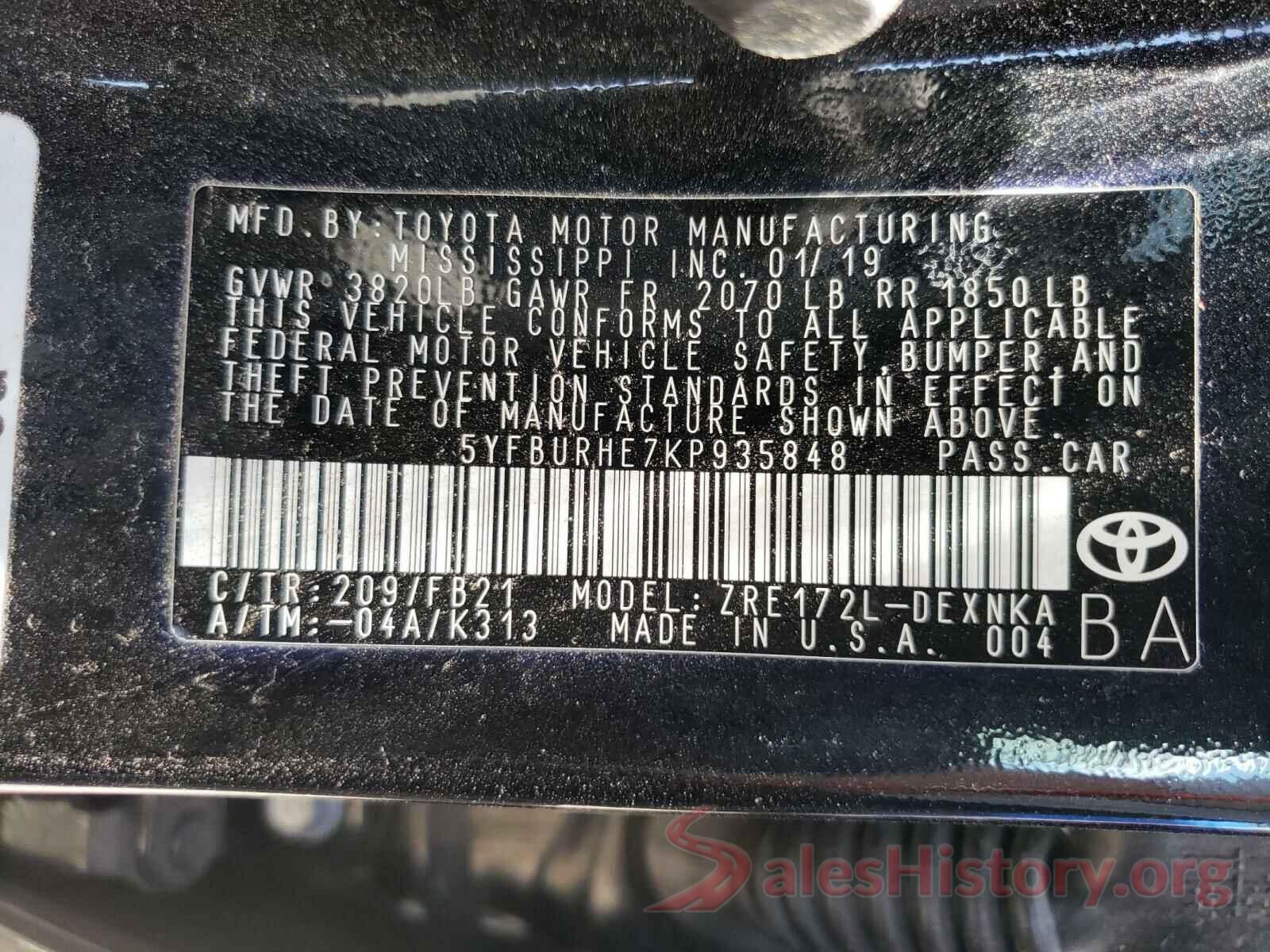 5YFBURHE7KP935848 2019 TOYOTA COROLLA