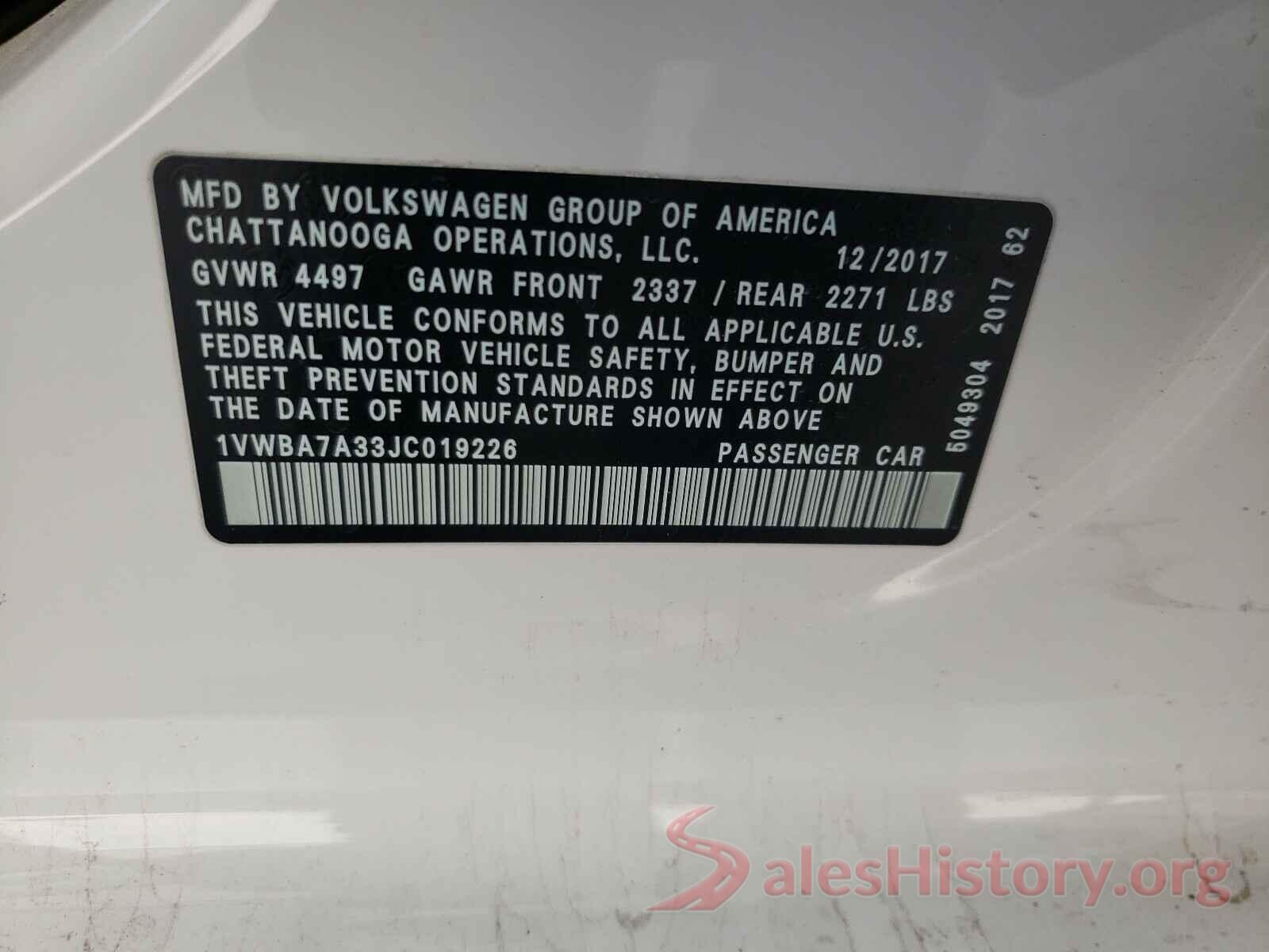 1VWBA7A33JC019226 2018 VOLKSWAGEN PASSAT