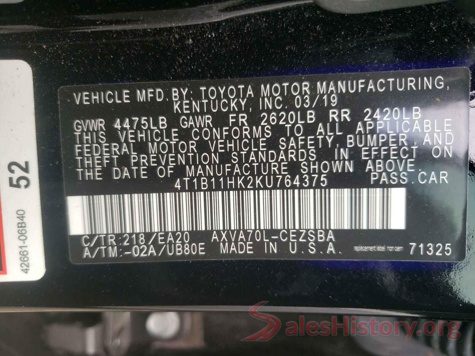 4T1B11HK2KU764375 2019 TOYOTA CAMRY