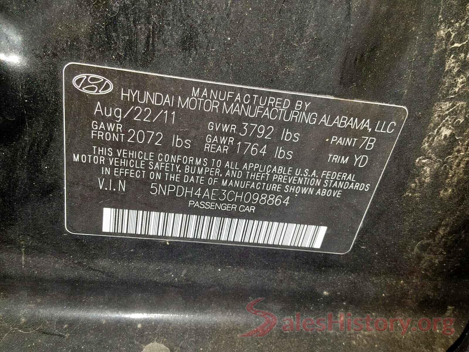 5NPDH4AE3CH098864 2012 HYUNDAI ELANTRA