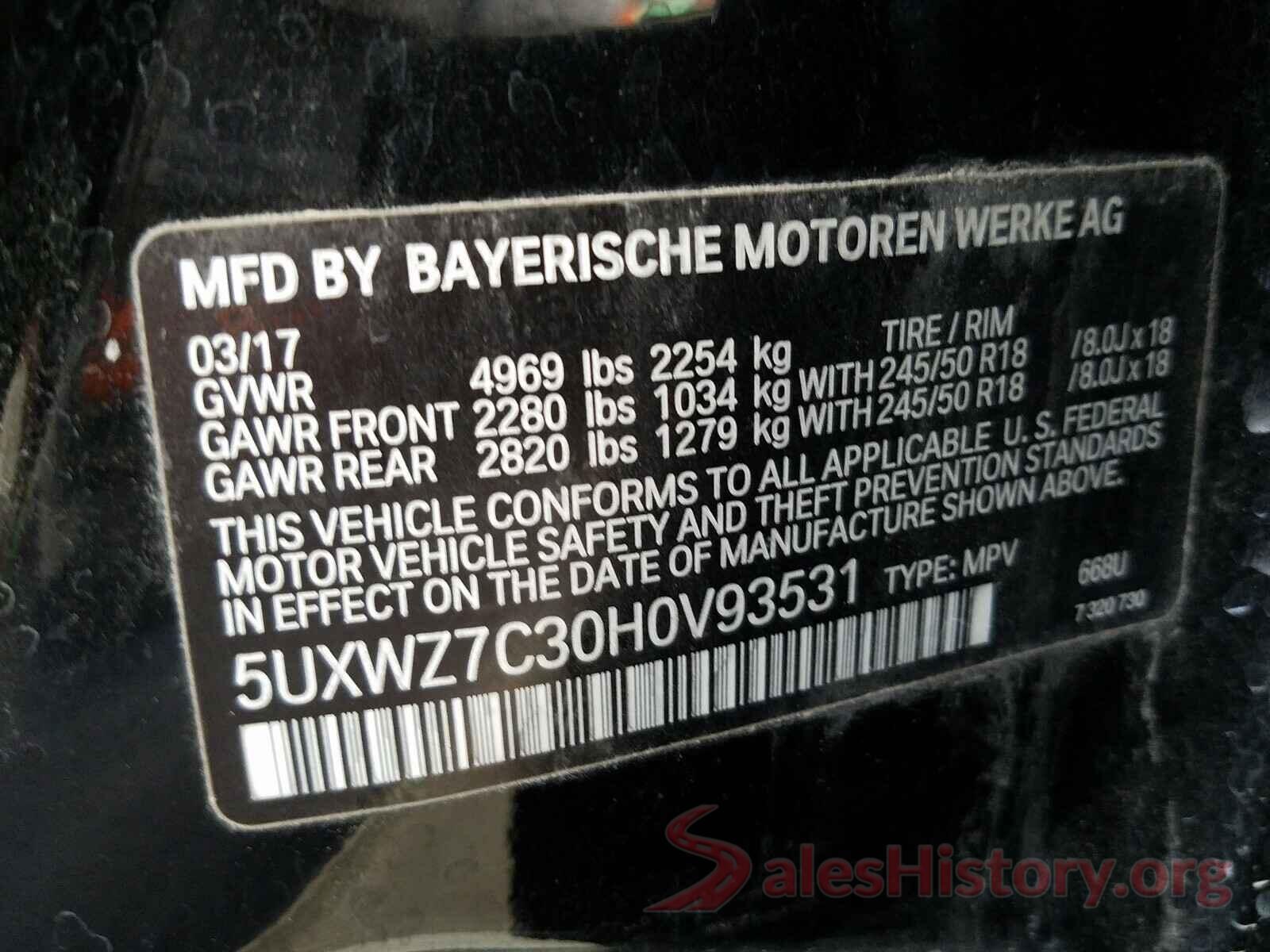 5UXWZ7C30H0V93531 2017 BMW X3