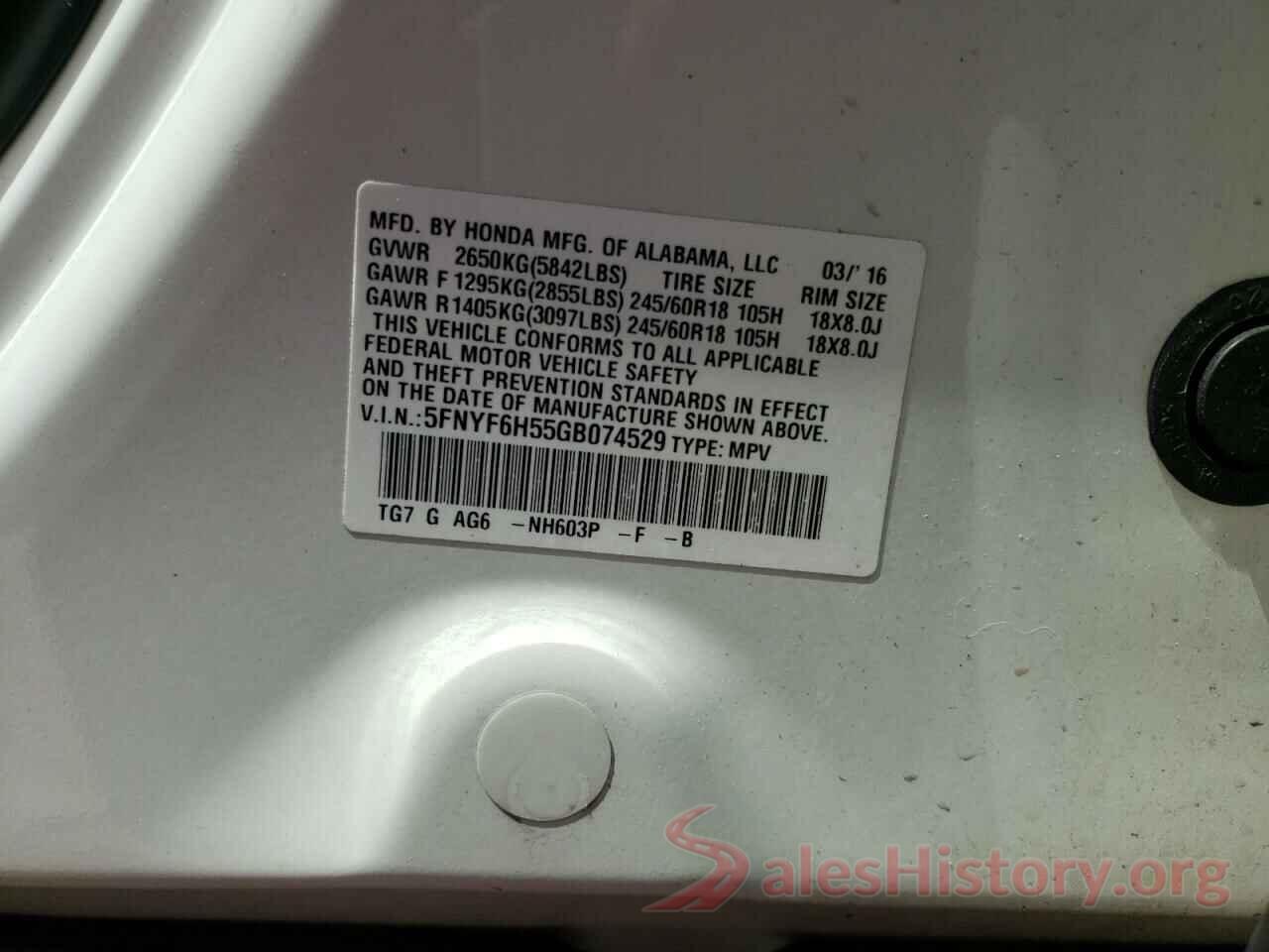 5FNYF6H55GB074529 2016 HONDA PILOT