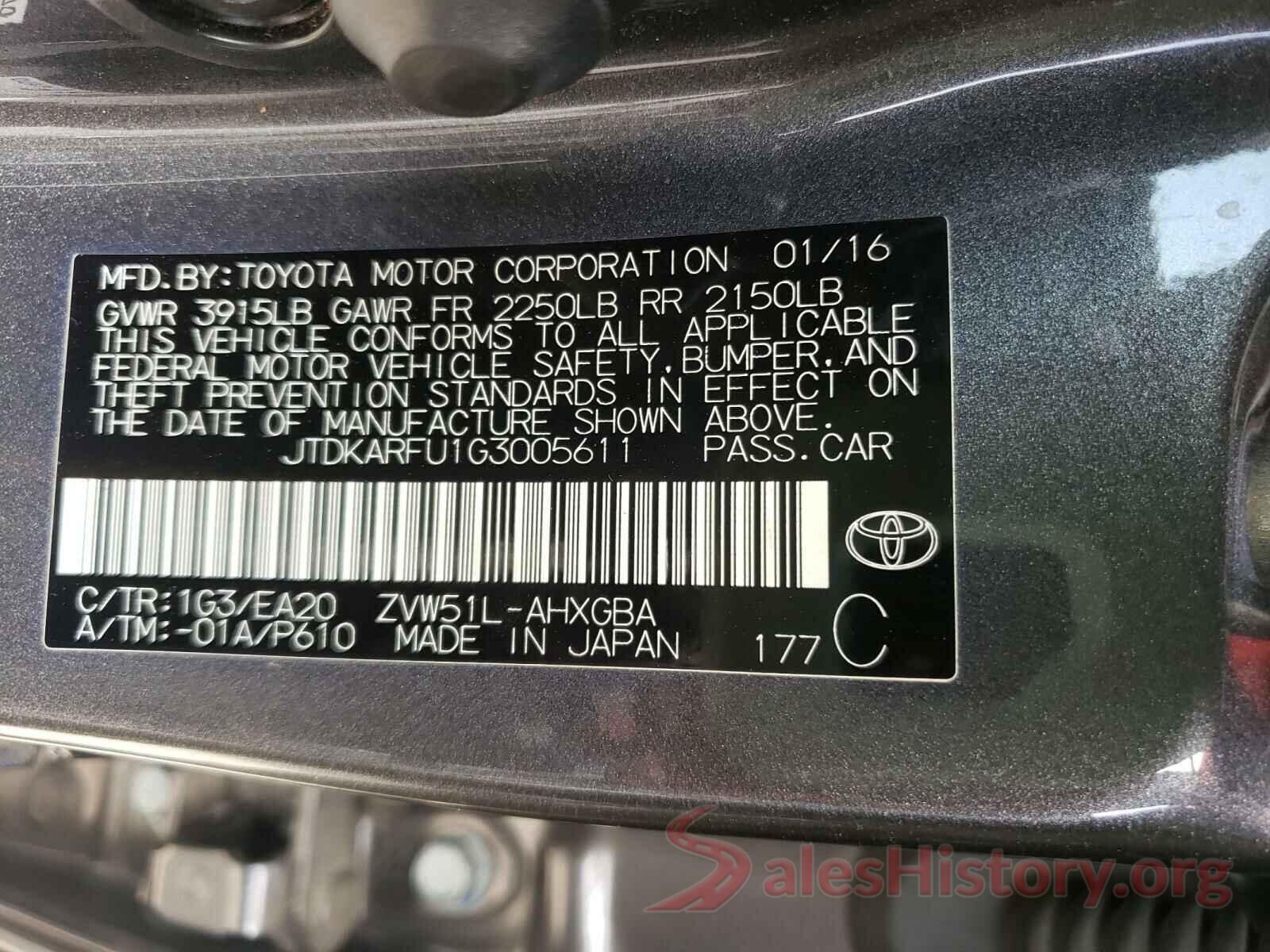 JTDKARFU1G3005611 2016 TOYOTA PRIUS