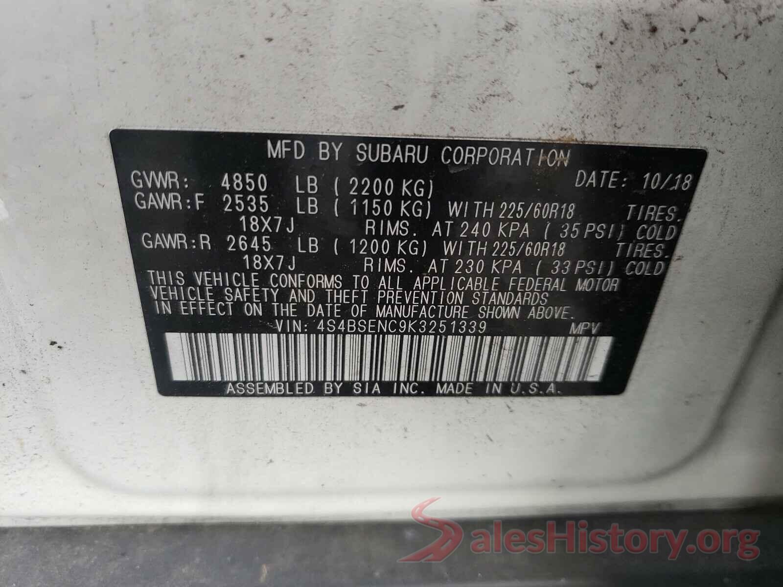 4S4BSENC9K3251339 2019 SUBARU OUTBACK