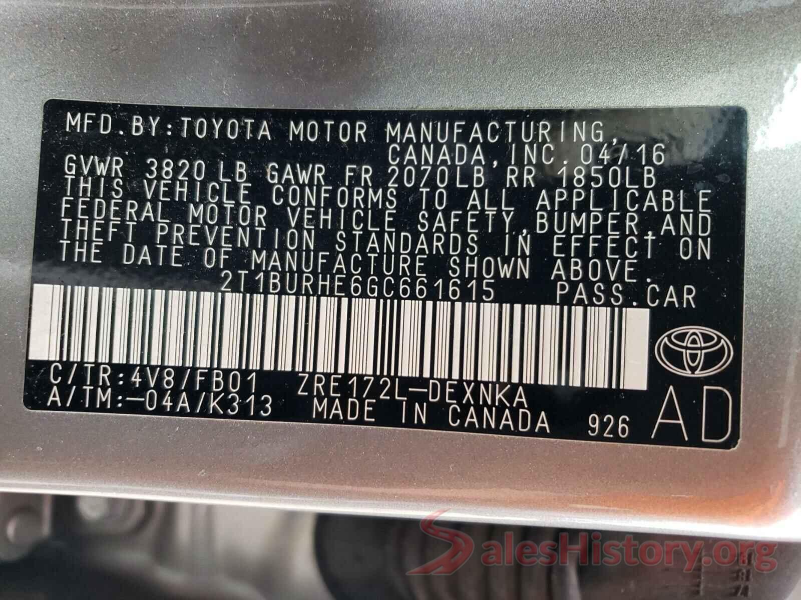 2T1BURHE6GC661615 2016 TOYOTA COROLLA