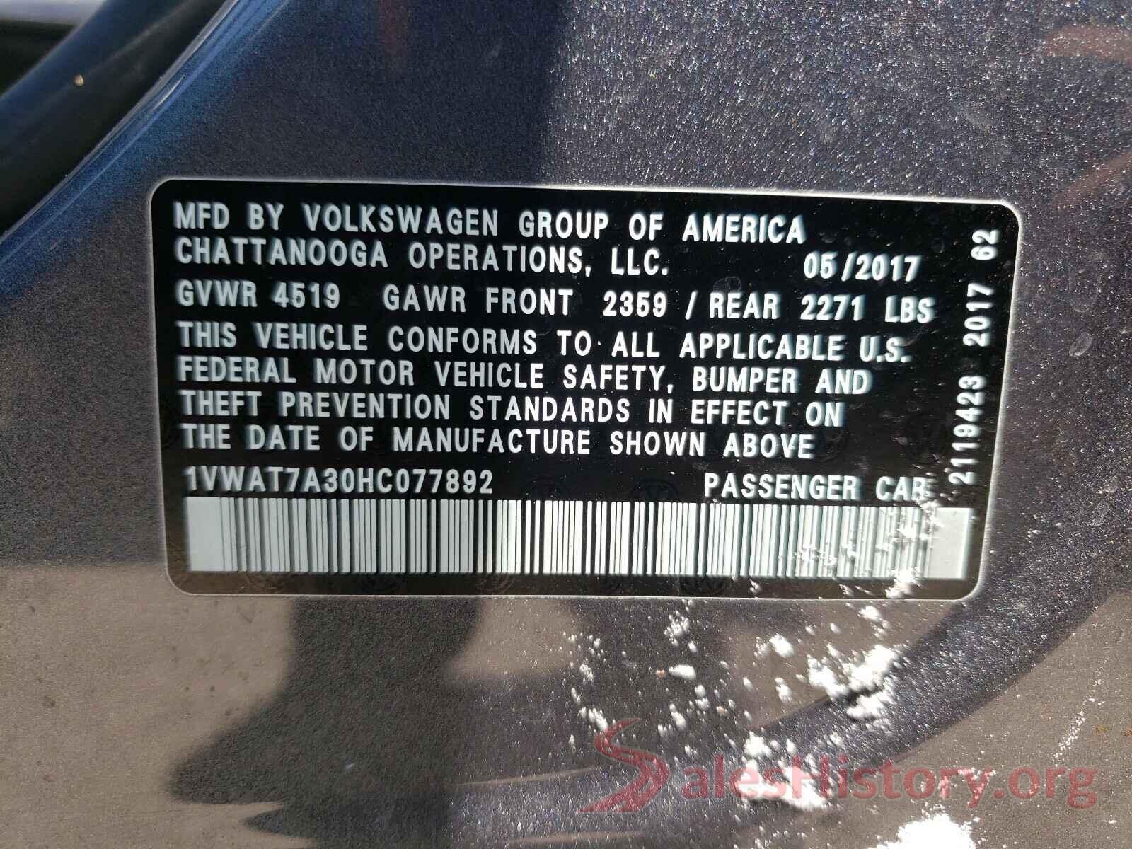 1VWAT7A30HC077892 2017 VOLKSWAGEN PASSAT